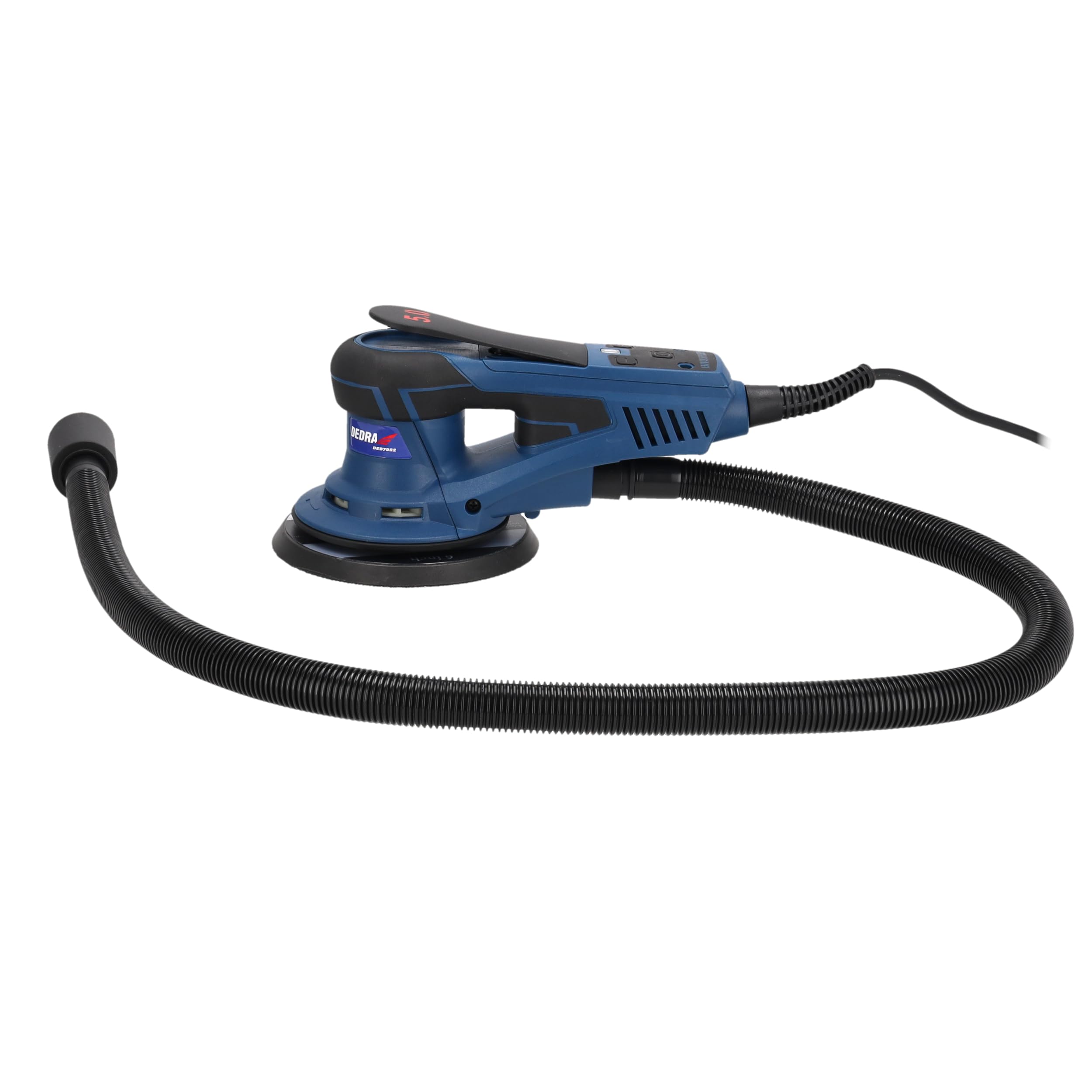 DEDRA Ponceuse excentrique 350 W, Ø 150 mm – Sans brosse, vitesse de rotation réglable 4000–10000 tr/min, aspiration de la poussière, design ergonomique avec poignée douce, kit d'accessoires inclus