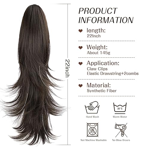 Miniatura 2 de Lommel Extensión de cola de caballo con clip, color marrón oscuro, extensiones de cabello largo y rizado, extensiones de cabello sintético de 22