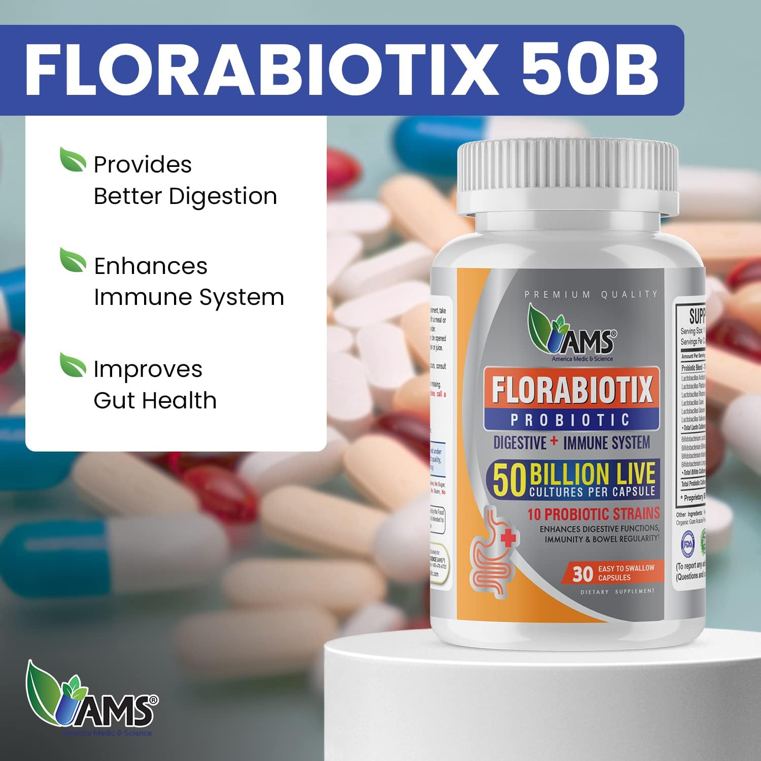America Medic & Science Florabiotix Probiotic (30 Capsules) | Dietary Supplement for Men and Women| 50 Billion Live Cultures | 10 Probiotic Strains | Supports Digestive and Immune Health