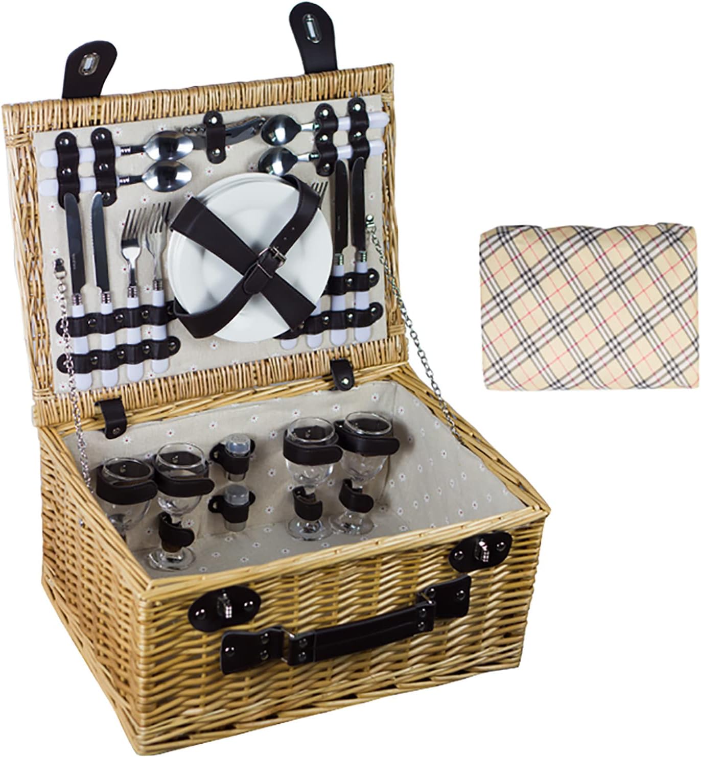 Picnic Basket for 4 - Wicker Picnicr Basket with Handle,Willow Picnic Set,Picnic Gift Basket-Stainless Steel Cutlery,Plates,Salt & Pepper Shakers,Wine Glasses,Bottle Opener (B 45 * 35 * 23cm)