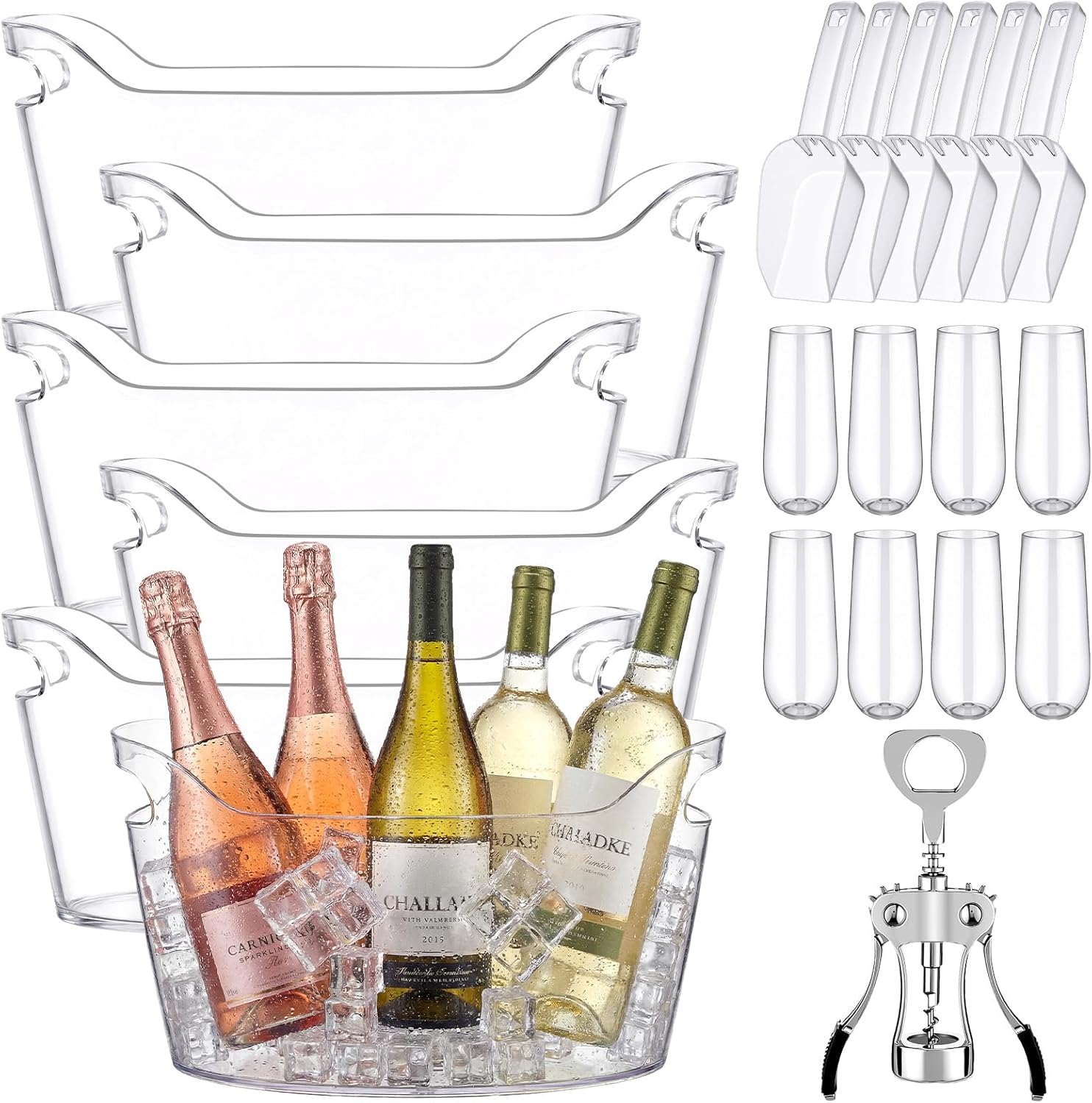6 Pack 6.5L Clear Ice Buckets for Parties, Large Plastic Beverage Tub Set with Scoops, Champagne Flutes & Wine Opener, Portable Drink Cooler Champagne Bucket for Beer & Mimosa Bar Supplies