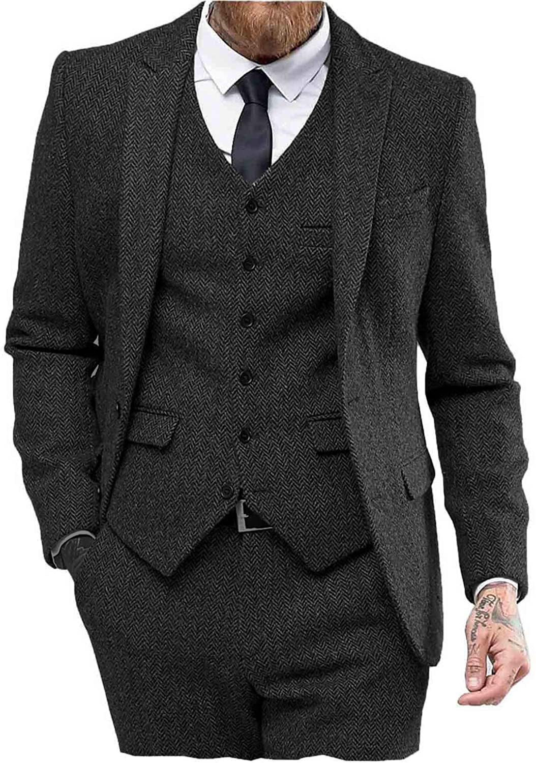 Abito vintage da uomo, 3 pezzi, in tweed a forma di pesce, ballo, smokings, blazer in pizzo