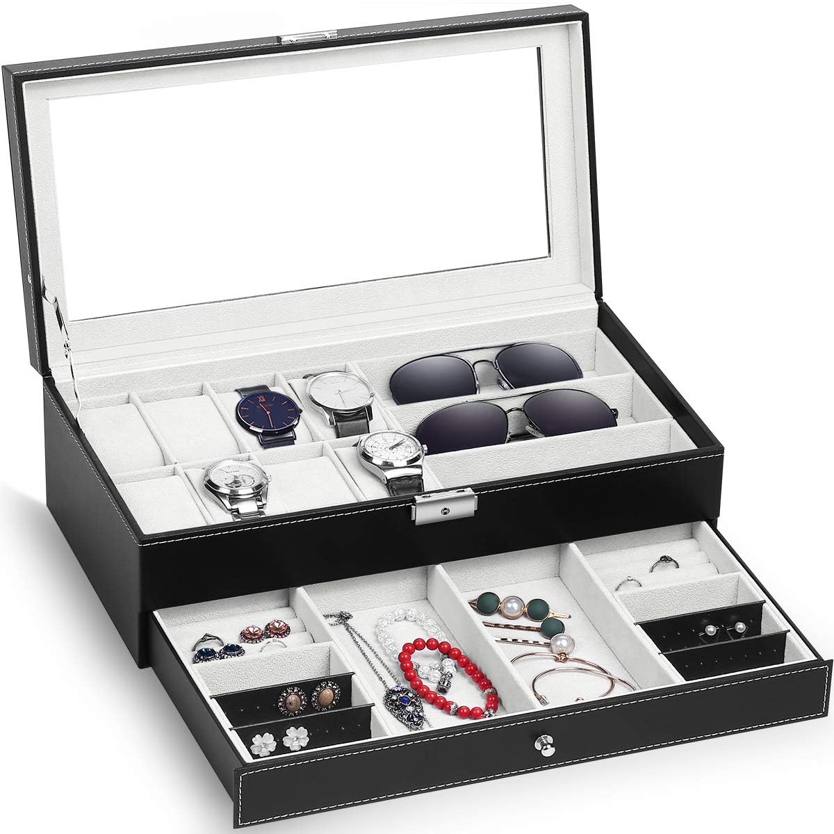 Keetoz Upgraded Watch Box Watch Case Watch Organizer Holder Jewelry Case Drawer Sunglasses Display Box Storage Earrings Organizer Lockable with Glass Top and PU Leather for Men Women, Black&Beige (B0CLDJ99CC) Amazon Price History, Amazon Price Tracker