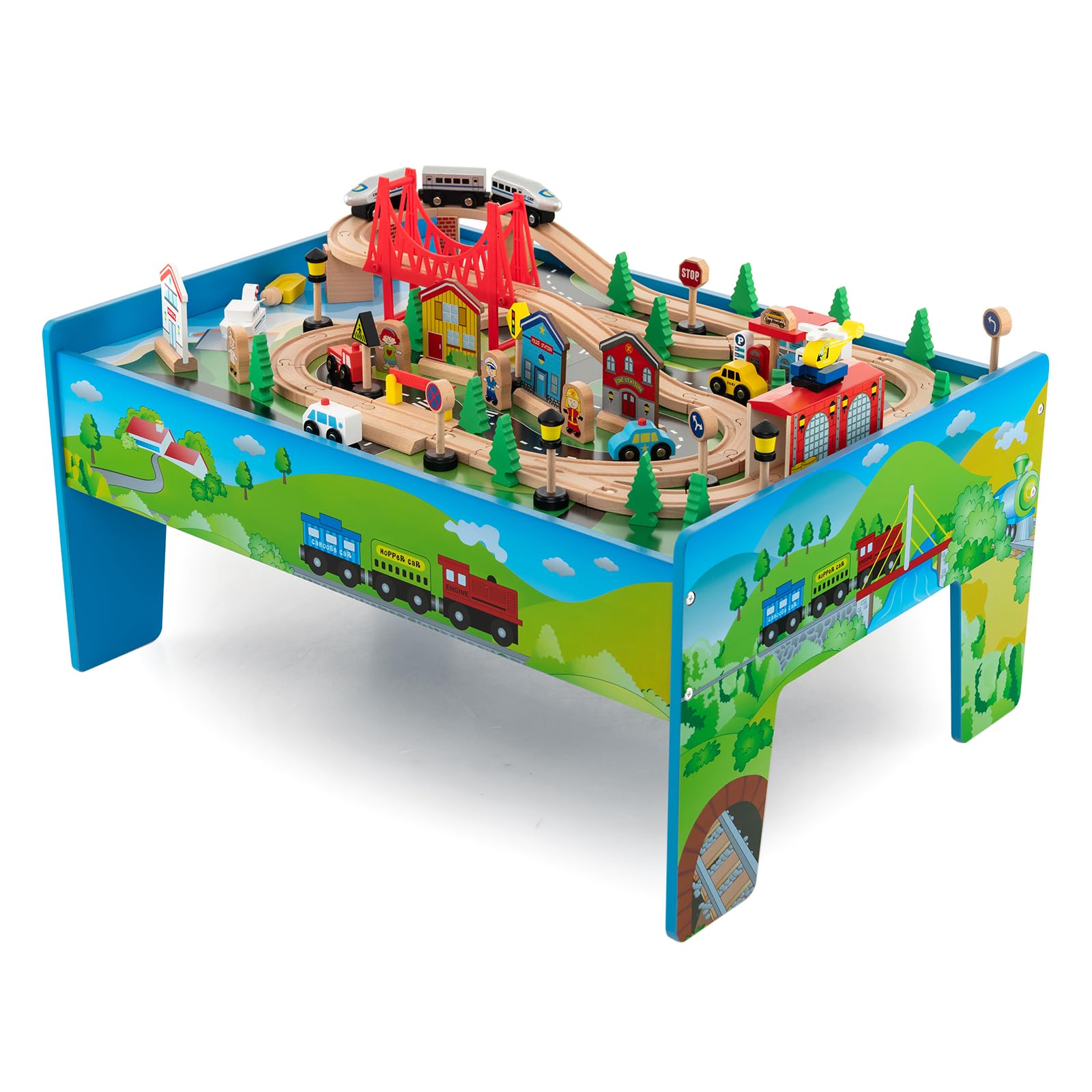 KOTEK Train Table, 80-Piece Wooden Toy Activity Playset w/Reversible Top, Tracks, Vehicles, Bridge, Tunnel, Buildings, City Themed Train Set Table for Toddlers 3-5, Gift for Boys Girls