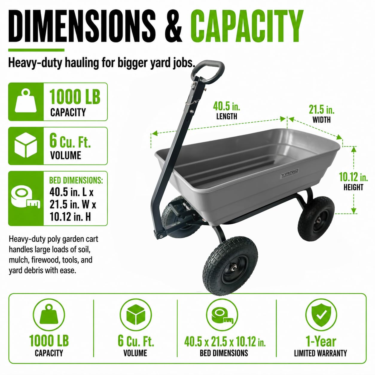 Yard Commander - 453.6 kg Poly Dump Cart, Heavy Duty Holowany Ogród Utility Cart z 6 Cu. Łóżko zrzutowe, 13-calowe pneumatyczne opony terenowe, uchwyt 2 w 1, holowniczy wózek ATV i traktor trawnikowy