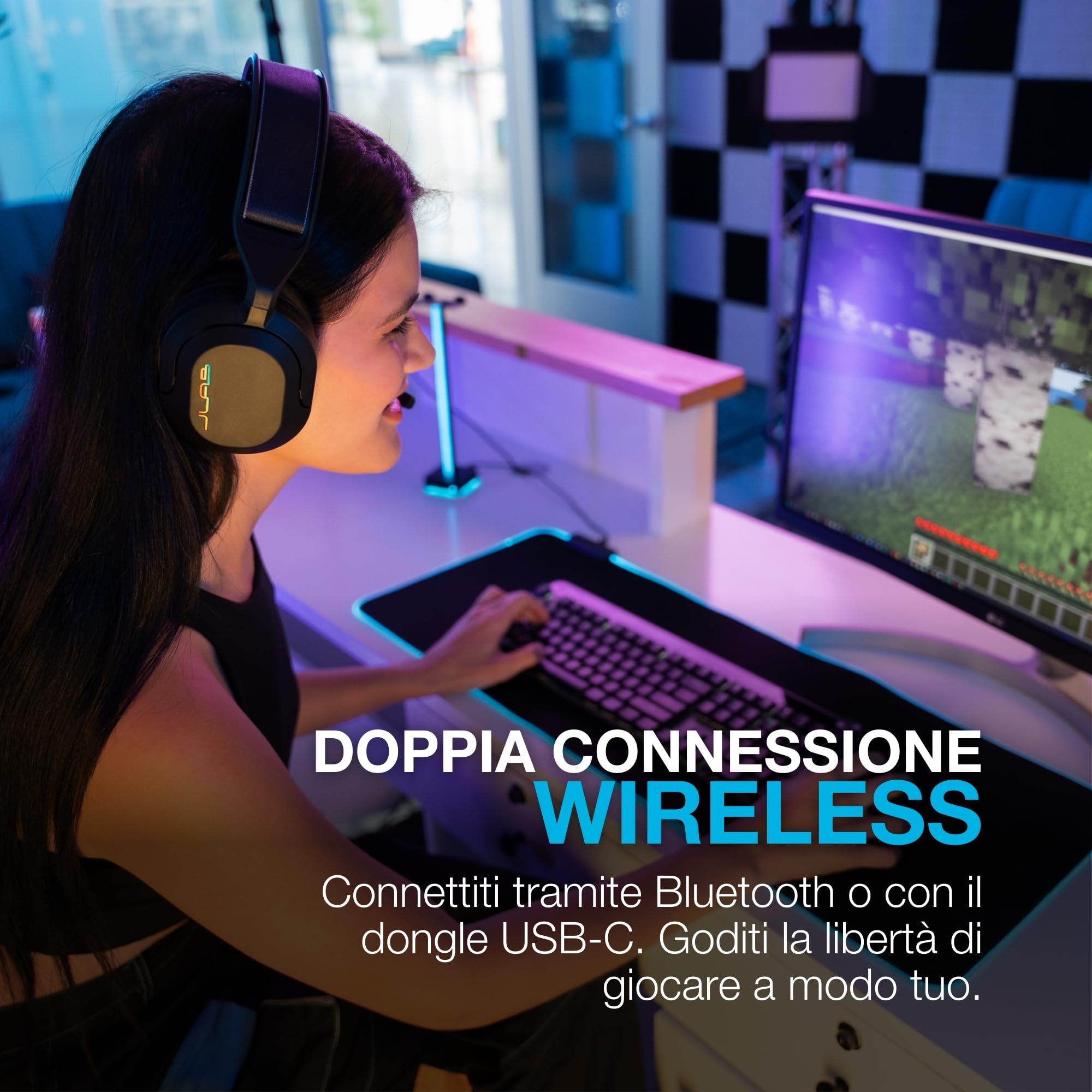 JLab Nightfall Cuffie da gioco wireless Over-Ear - Cuffie gaming con microfono per PC/PlayStation/Nintendo Switch - Driver da 50 mm, cuscinetti in schiuma Cloud e isolamento acustico interno