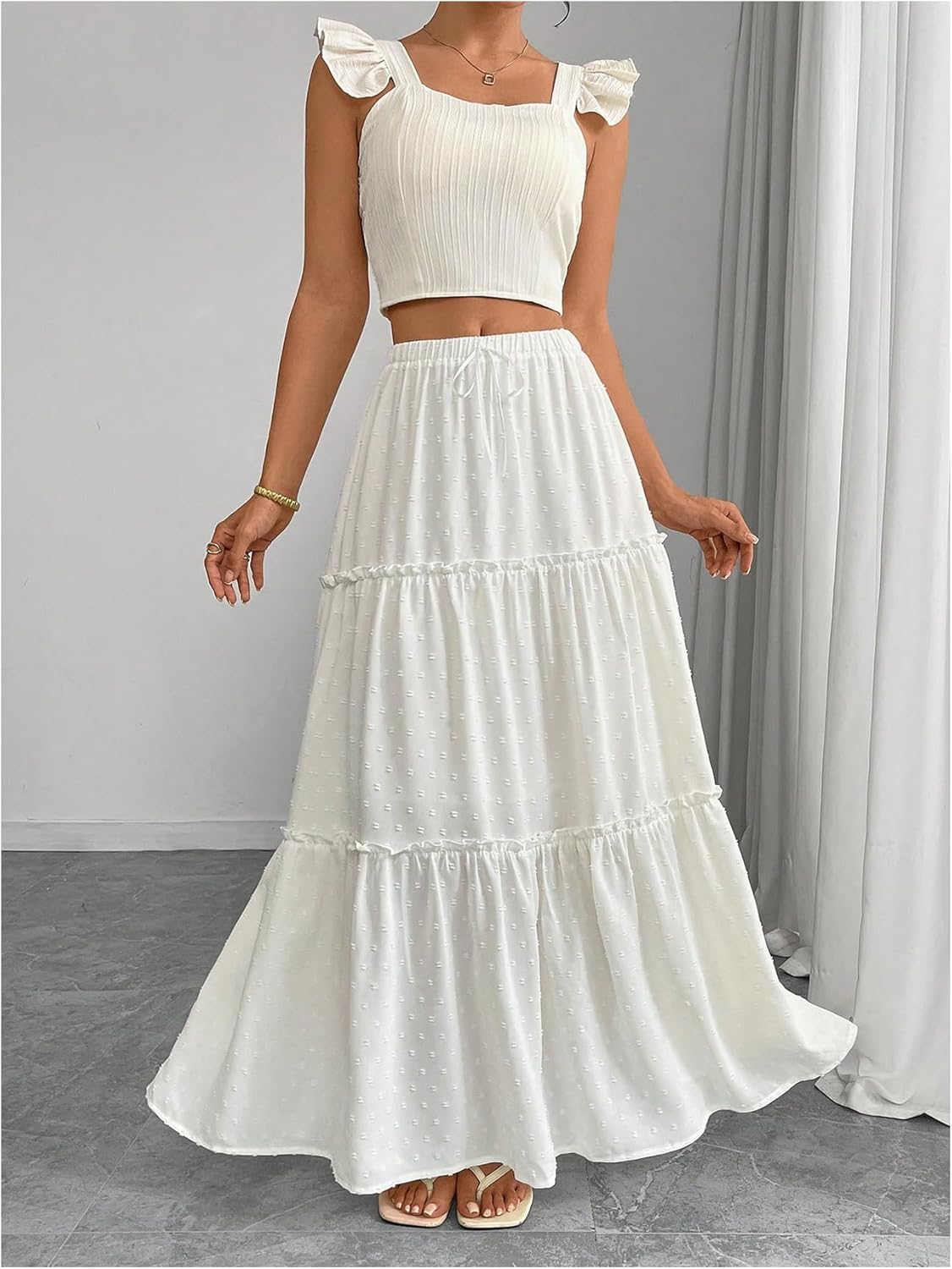 Women's Swiss Dots Boho Maxi Skirt Y2k Flared Ruffle Tiered Summer Skirt Elastic Waist A Line Flowy Long Skirts - Image 5