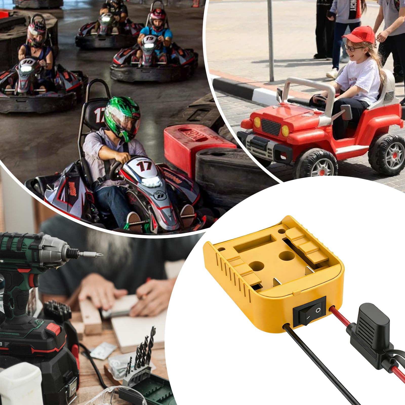 Lot de 2 adaptateurs Power Wheel pour batterie Li-ion Dewalt 18 V/20 V avec fusible et commutateurs, connecteur CC, câble 12 AWG, connecteur d'alimentation Dock pour voiture, robotique, bricolage