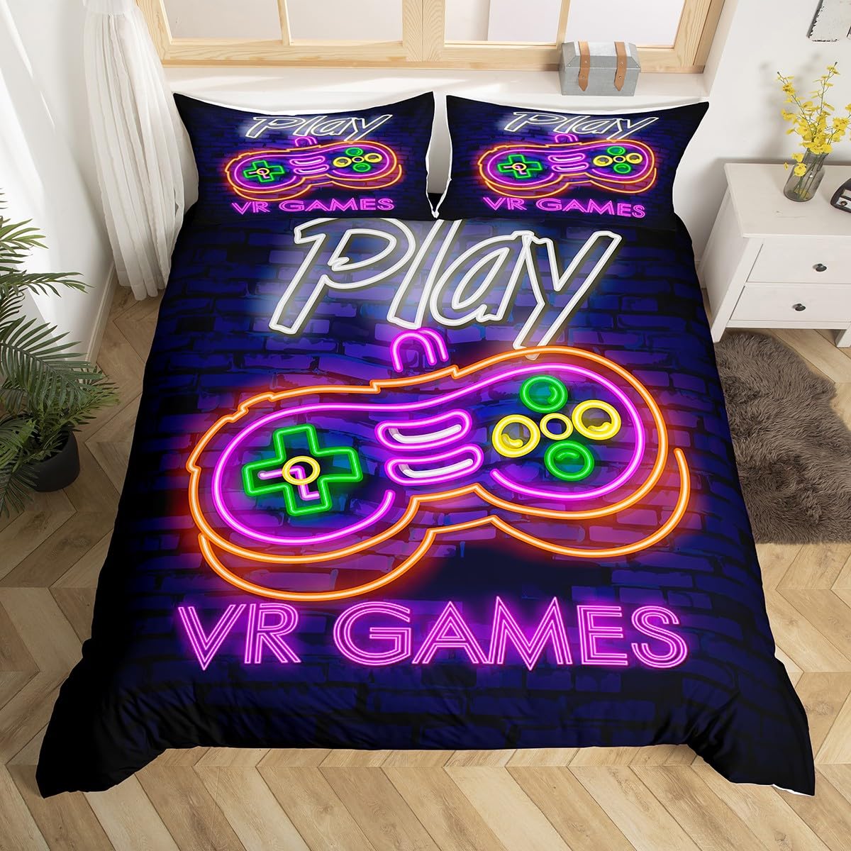 Loussiesd Boys Multicoloured 10 Kids Video Games Duvet Cover Games Bedding & Linen Single Gamepad Bedding Set For ,Modern Vr Gamer Console Action Buttons Bedding Cover Fashion Teens 2 Pcs Purple Gift Soft