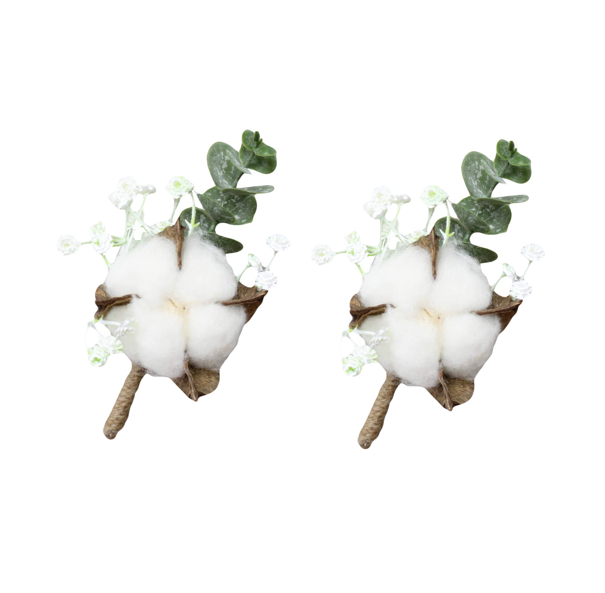 Angel Isabella Pack of 2 Boutonnieres -Natural Cotton Baby Breath Eucalyptus Twine Wrapped Pearl Headed pin Included Rustic Wedding Prom Event