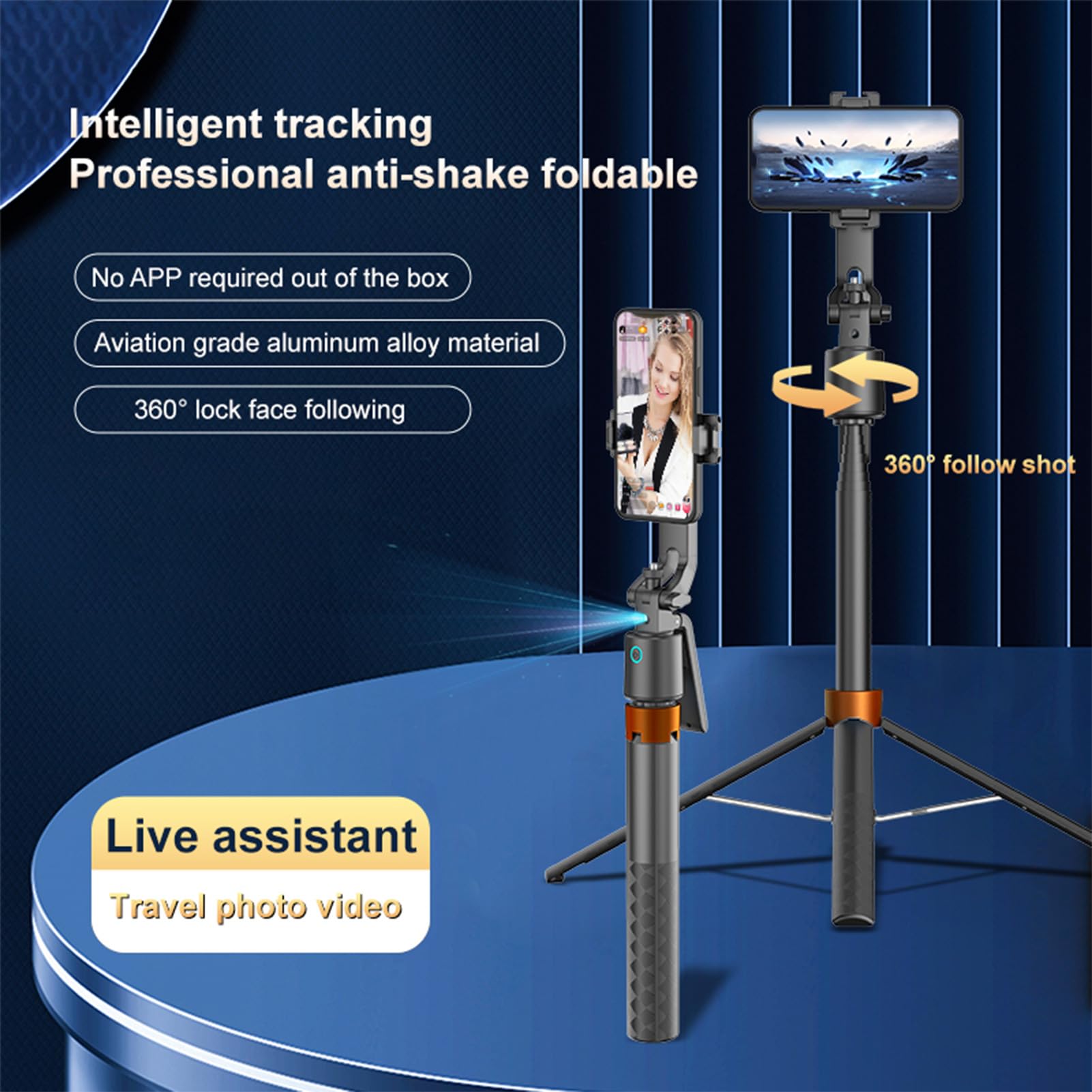 Topiky Selfie Stick con Rilevamento Automatico del Volto, Treppiede con Rotazione a 360° con Controllo Gestuale, Supporto per Telefono Espandibile, Luce di Riempimento per Registrazione Video Vlogging