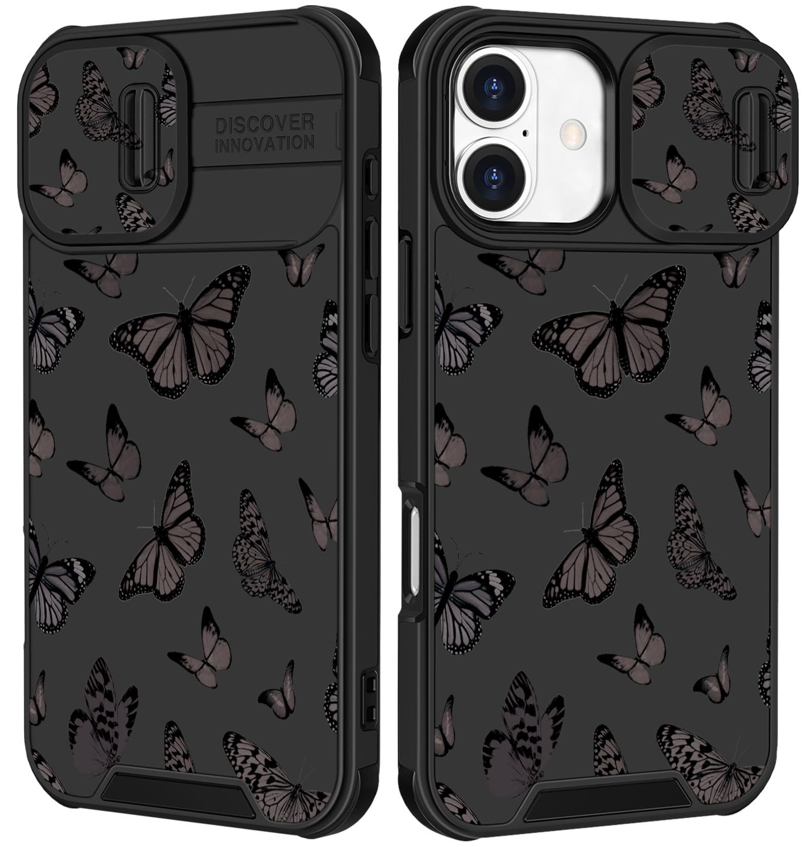 Funermei for iPhone 17 Case - Women Girls Cute Phone Cover Pretty Girly Aesthetic Black Butterfly Unique Design with Slide Camera Cover and Dual Protection Funda for iPhone 17 Case