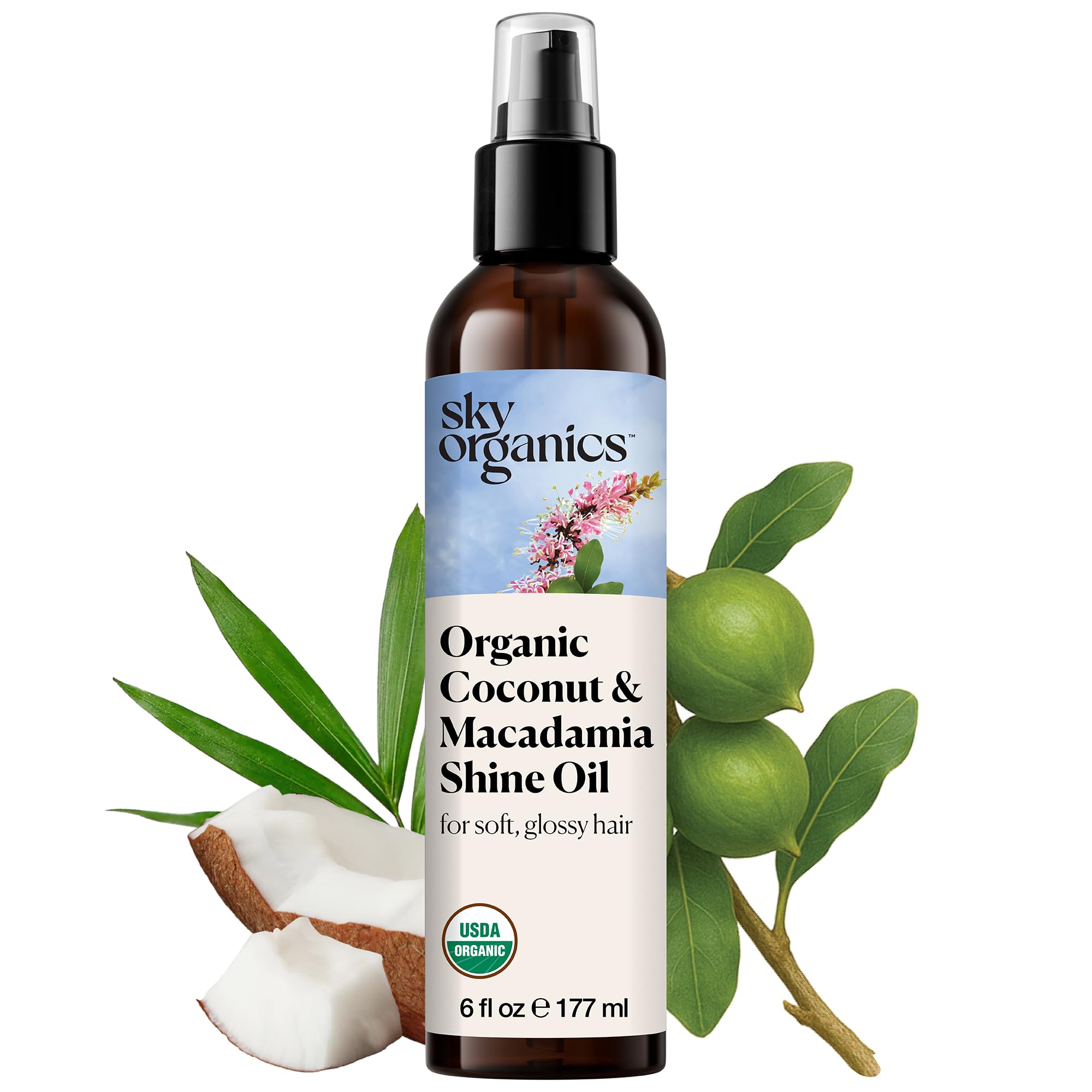 Sky Organics Organic Coconut & Macadamia Shine Oil 6oz, Hydrating Hair Oil