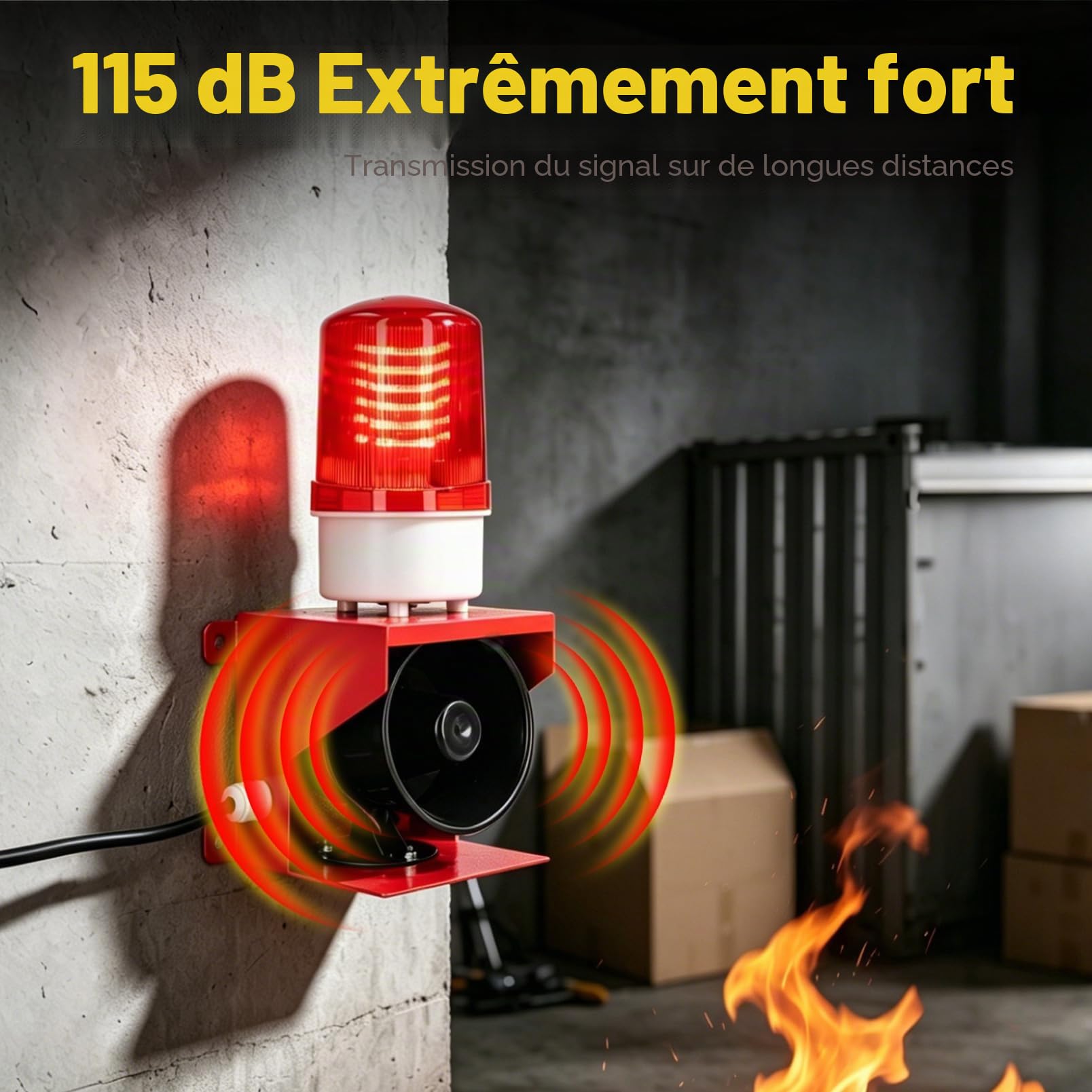 Sirène Industrielle 115 DB avec Flash LED | Volume Réglable, IP65 Étanche, Alarme Sonore et Lumineuse AC 220V, Avertisseur de Sécurité, Lumière d’Alerte LED, Prise UE