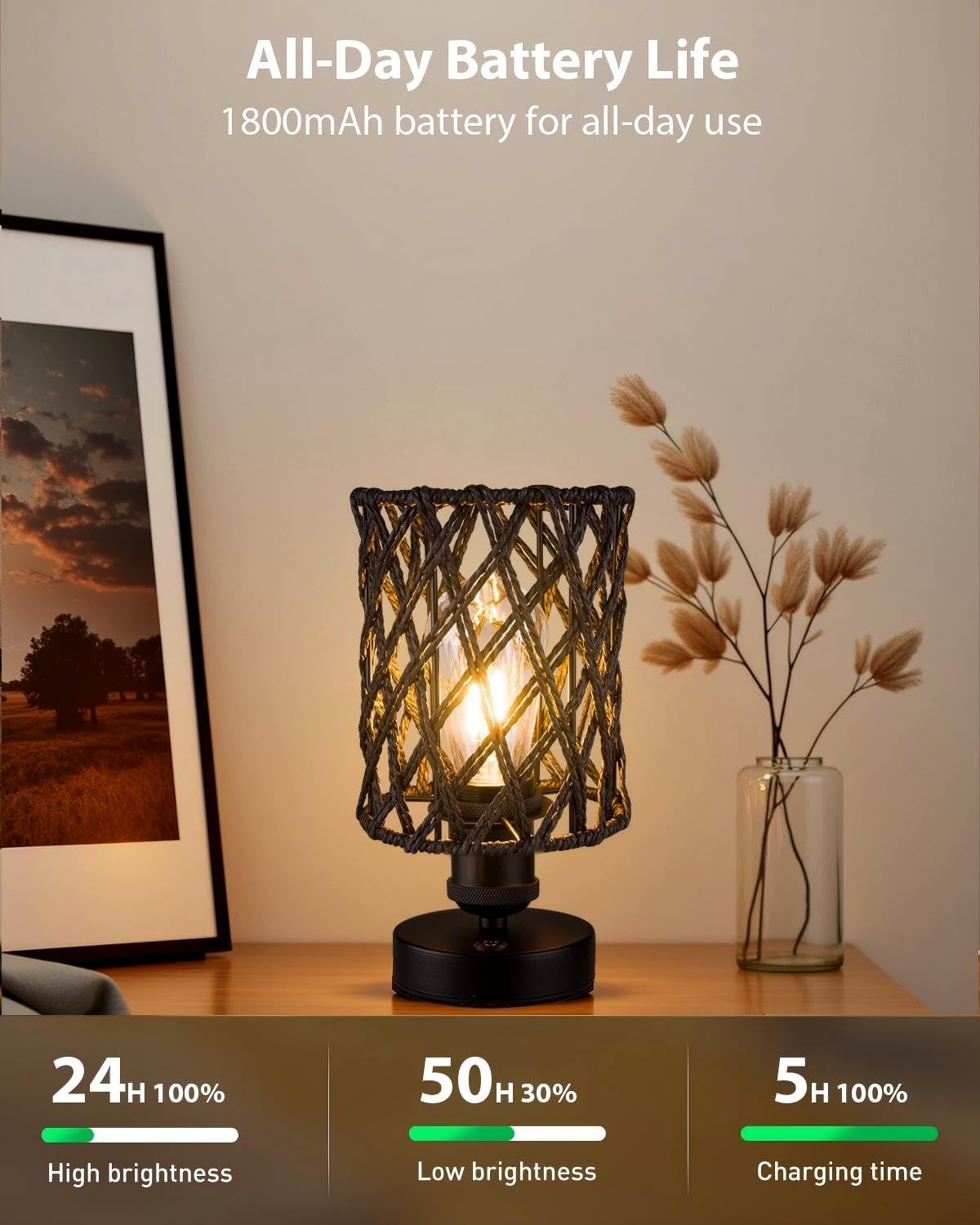 Cordless Outdoor Table Lamps, Small Rattan Boho, Rechargeable Battery Operated for Outdoor Patio, Home, Living Room, Bedroom, Bedside - Set of 2 (Black-A)