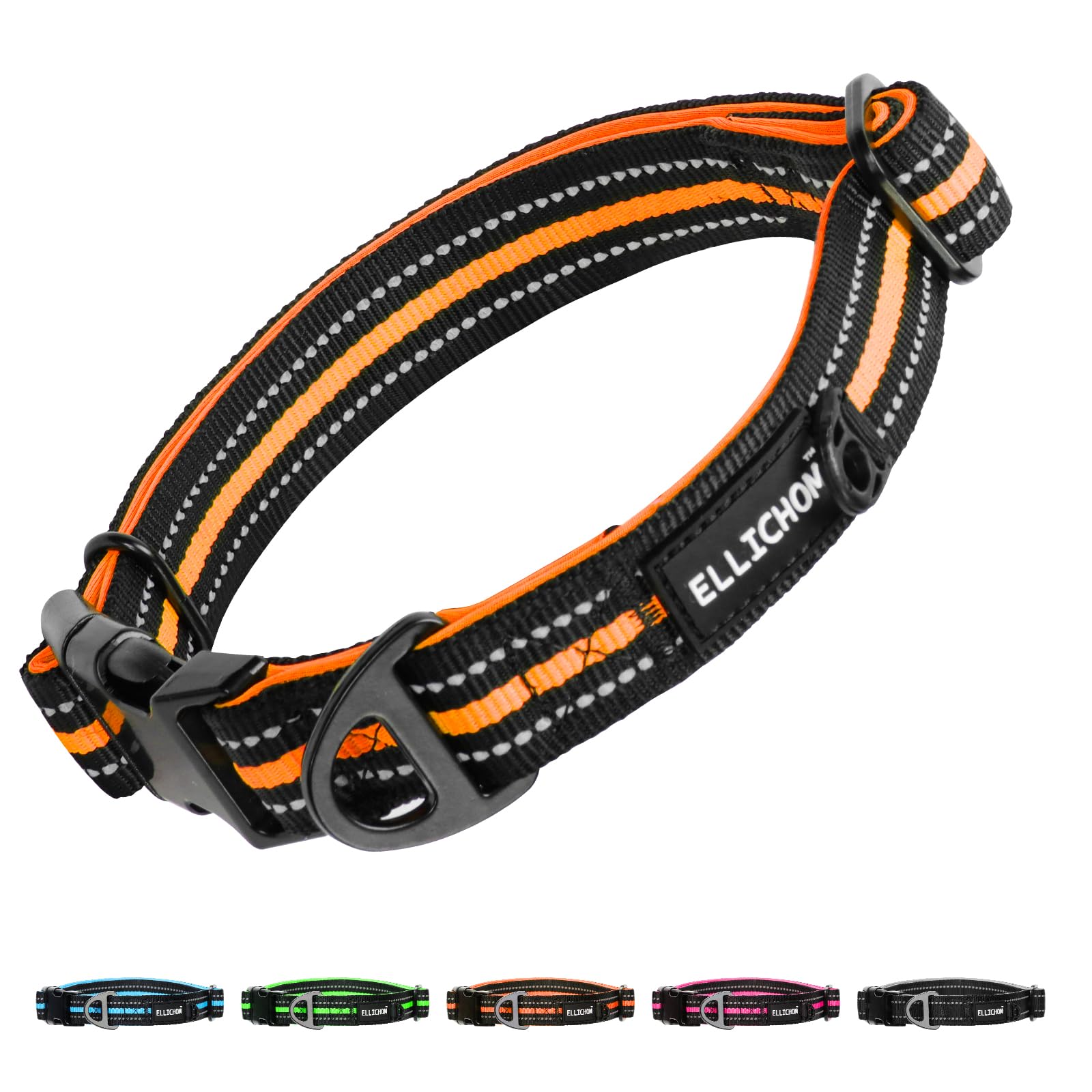 Eillchom Reflective Dog Collar with Metal Buckle Adjustable Soft Neoprene Padded Dog Collars for Small Medium Large Extra Large Dogs (Orange, S)
