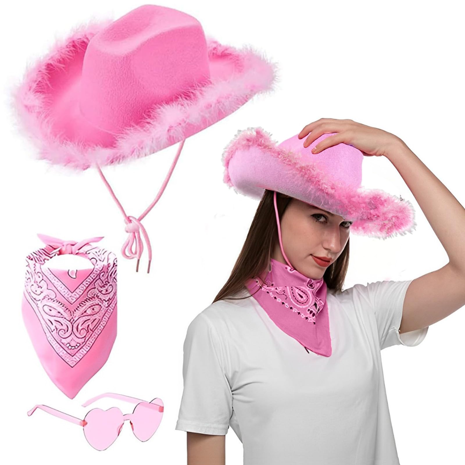 3Pcs Women's Cowboy Hats, Heart-Shaped Sunglasses, Bandana - Pink, Cowgirl, Bachelorette Party, Cosplay