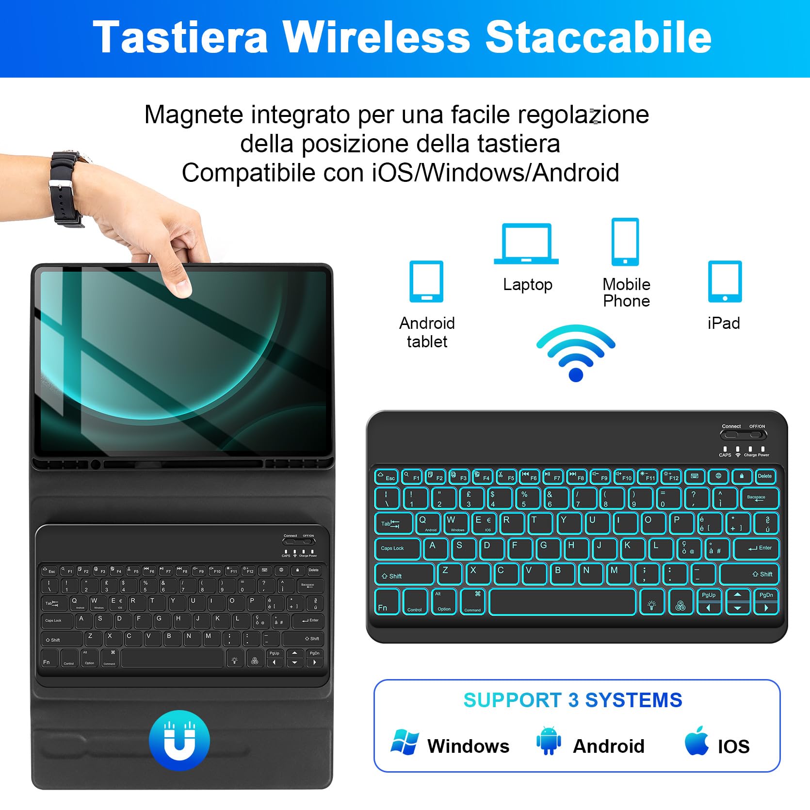 SOPPY Custodia con Tastiera Retroilluminata per Samsung Galaxy Tab S10+ /S9+ /S9 FE+/S8+/S7+/S7 FE 12,4", 7 Colori Retroilluminati, Layout IT, Custodia con Tastiera per Samsung Tab 12,4 Pollici, Nero