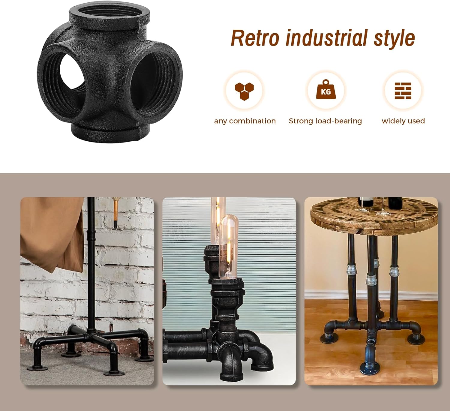 1" Black Pipe Fittings 5-Way Side Outlet Tee - Home Expert 10 Pack Malleable Cast Iron Threaded Pipe Fittings for Industrial Pipe Shelves Bracket, Industrial Vintage Furniture