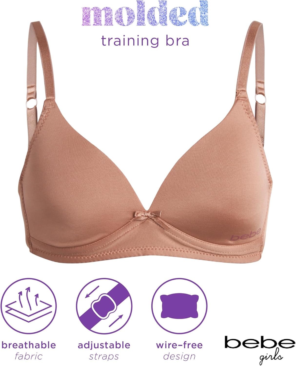 bebe Girls Training Bra - 3 Pack Wire Free Soft Microfiber Molder Bra for Girls (A Cup/B Cup) - Image 2