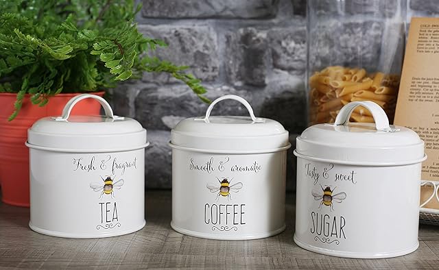 Set of 3 English Tableware Co. Bee Happy Enamel Tea Coffee Sugar Storage Canisters