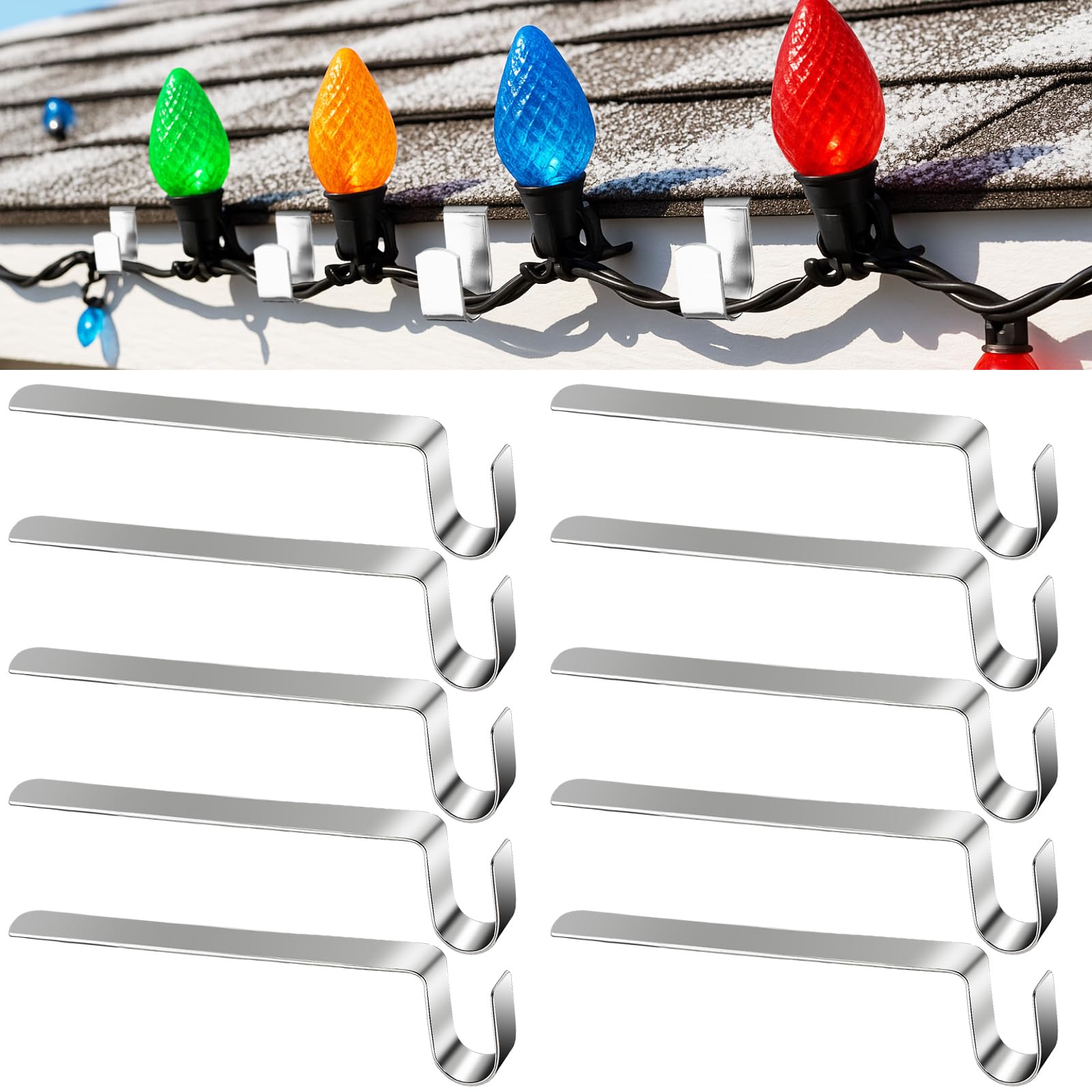 Photo 1 of Moxweyeni 50 Pcs Christmas Light Clips 3.5" Gutter Light Hooks Shingle Clips for Christmas Lights Metal Soffit Hooks for Xmas Outdoor Roof Patio Panel Mantle Decoration Supplies