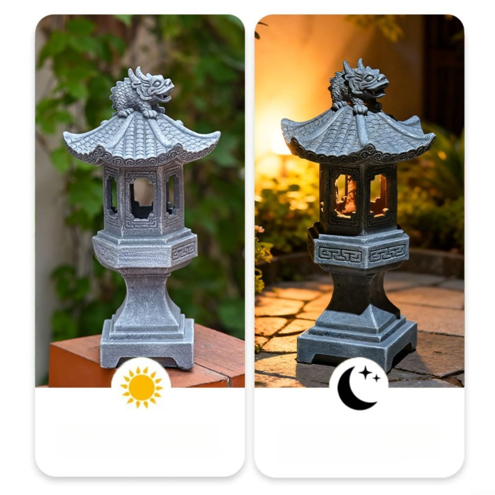 Farol de pagoda alimentado por energía solar, estatua de jardín de resina resistente con luz automática, decoración asiática al aire libre para patio gris (luces de mascota)