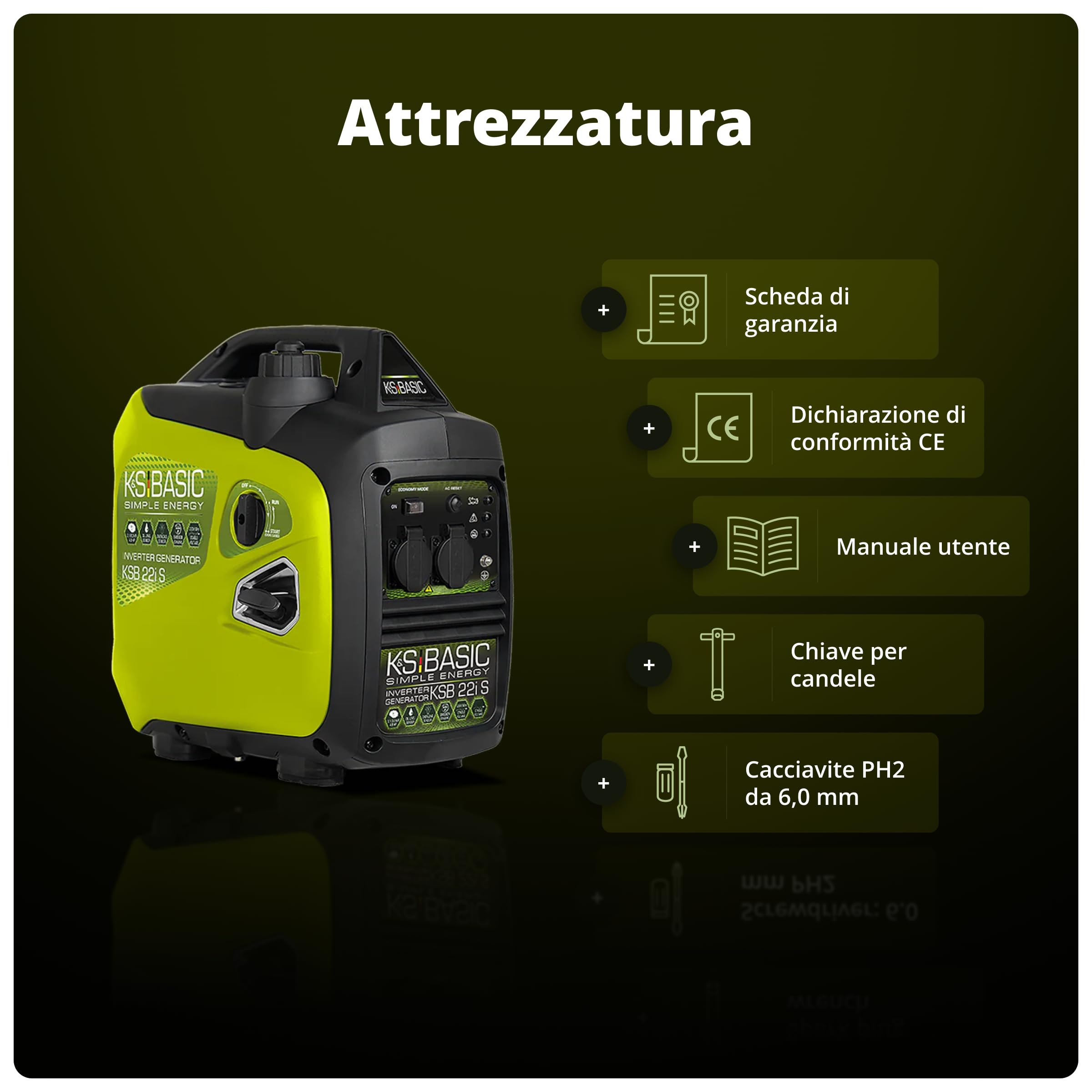 K&S BASIC KSB 22i S Generatore inverter 2000 W 4 Tempi Portatile Benzina Silenzioso per Campeggio Camper Pesca Caravan con Modalità Eco, 2x230 V Prese, Rame, Compatto Silenzioso Leggero