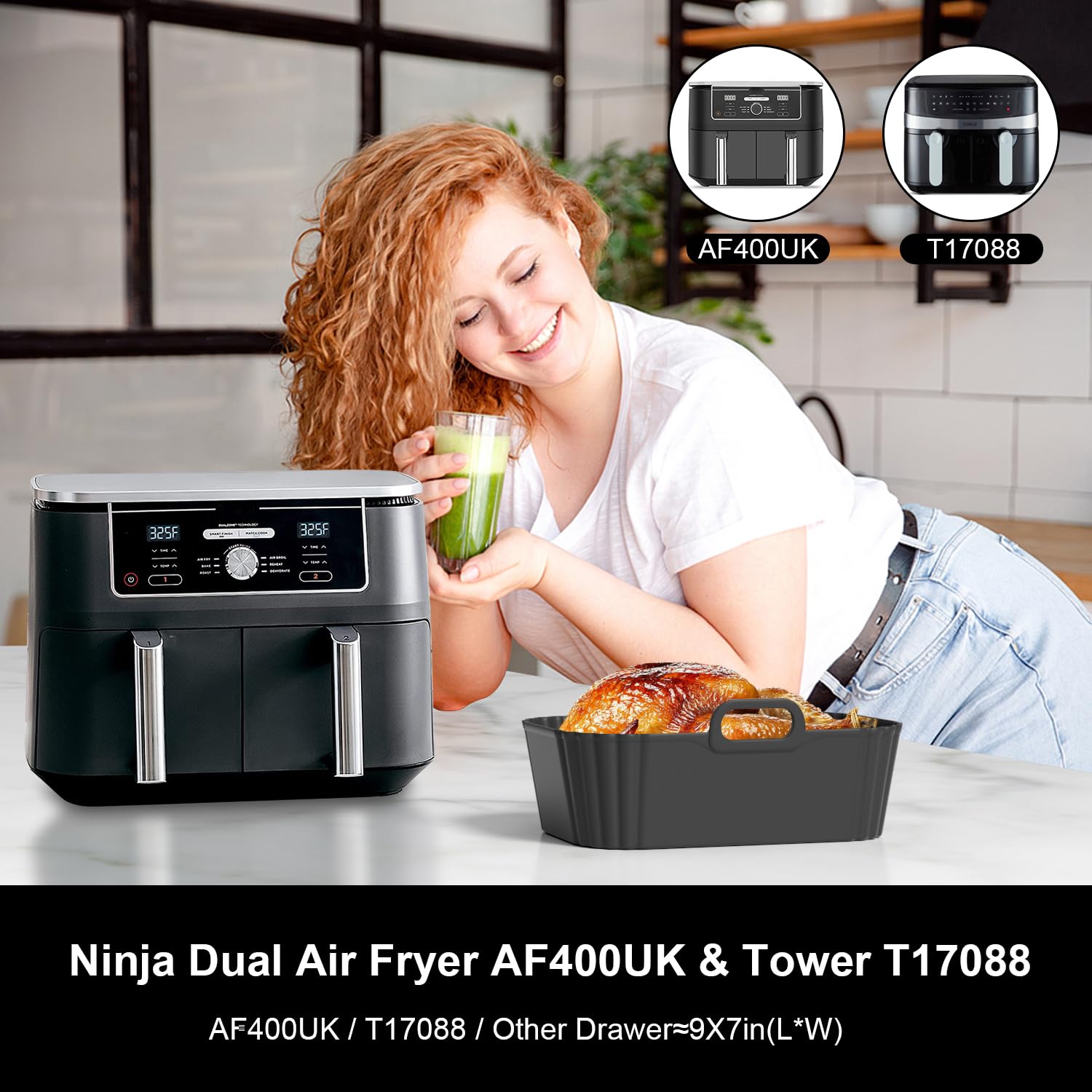 Silicone Air Fryer Liners 2 Pack for Ninja Foodi Dual AF300UK AF400UK/KCP, AF451UK, Tower, Keplin, COSORI, Russell Hobbsand, Instant for 7.6L 8L 9.5L Baskets, Reusable Airfryer Accessories - 3