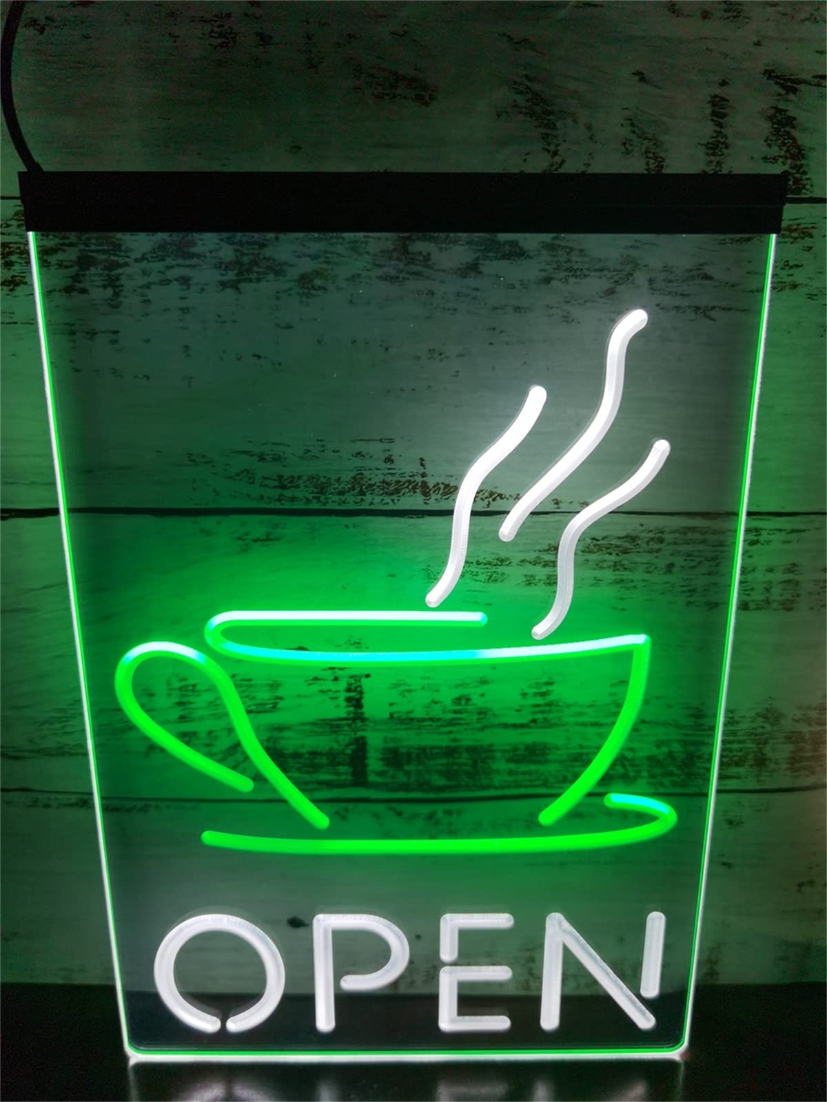 KEYQEEN Open Coffee Cup LED Neon Sign, Cafe Shop Party Dual Color Neon Lights for Wall Decoration USB Luminous Signboard,White Green,30x40cm