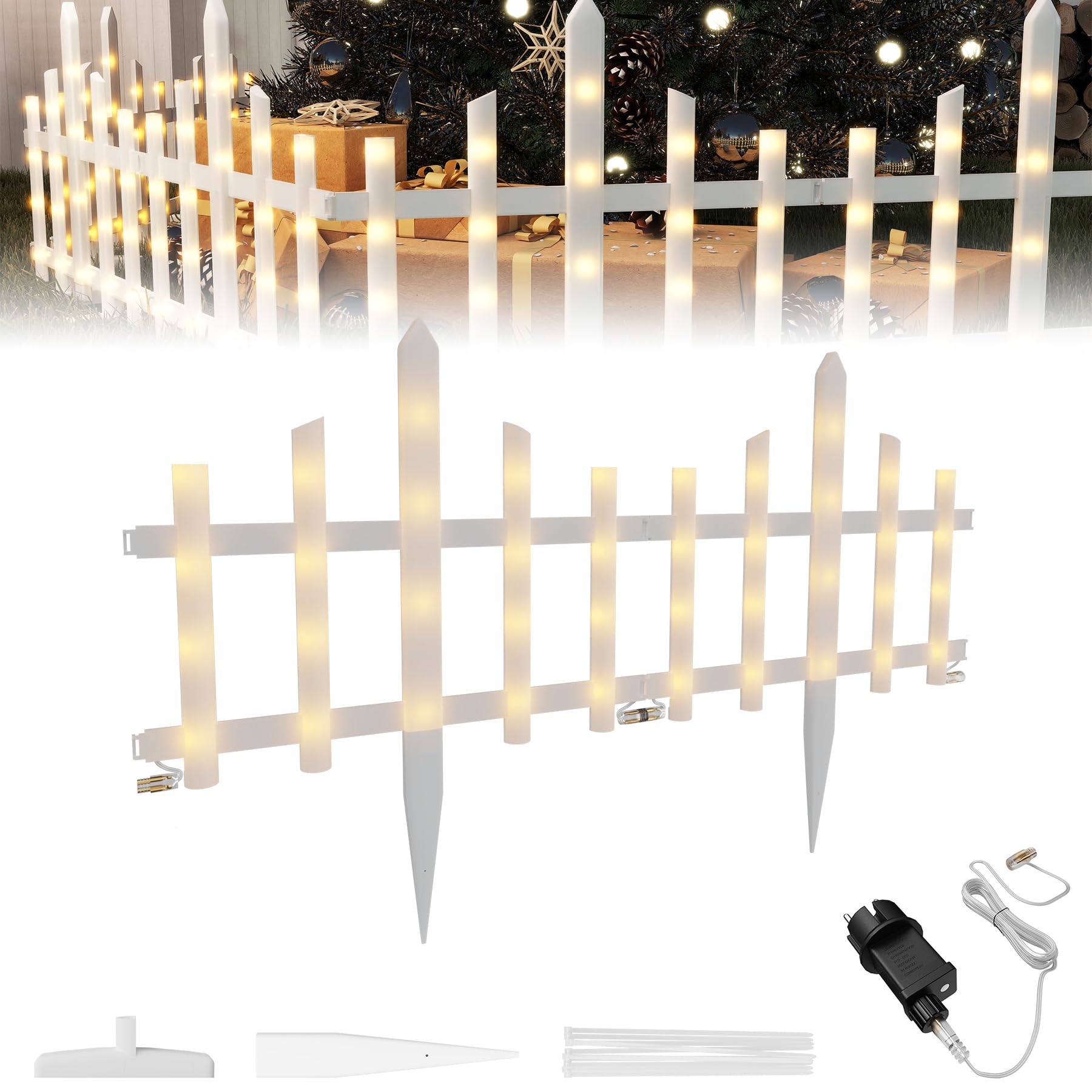 Froadp Podświetlane ogrodzenie ogrodowe z oświetleniem LED, na choinkę, 3,5 m, miniaturowe ogrodzenie, 10 sztuk, płot ogrodowy, płot ogrodowy, obrzeża, trawnik, dekoracja bożonarodzeniowa, dekoracyjne