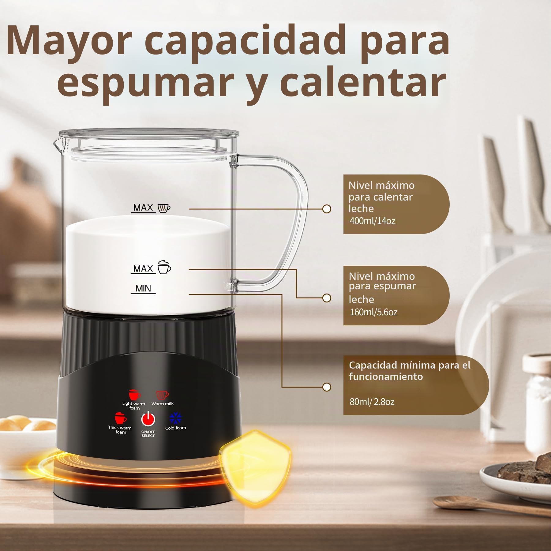 OMISOON Espumador de leche eléctrico 4 en 1 de 400 ml, espumador de leche automático de inducción de 500 W, apagado automático, para espuma de leche fría y caliente, latte macchiato, capuchino, negro