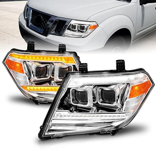 AmeriLite Para Nissan Frontier Pickup 2009-2020 - Camión LED DRL Tube Switchback secuencial señal cromada juego de montaje de faros delanteros -