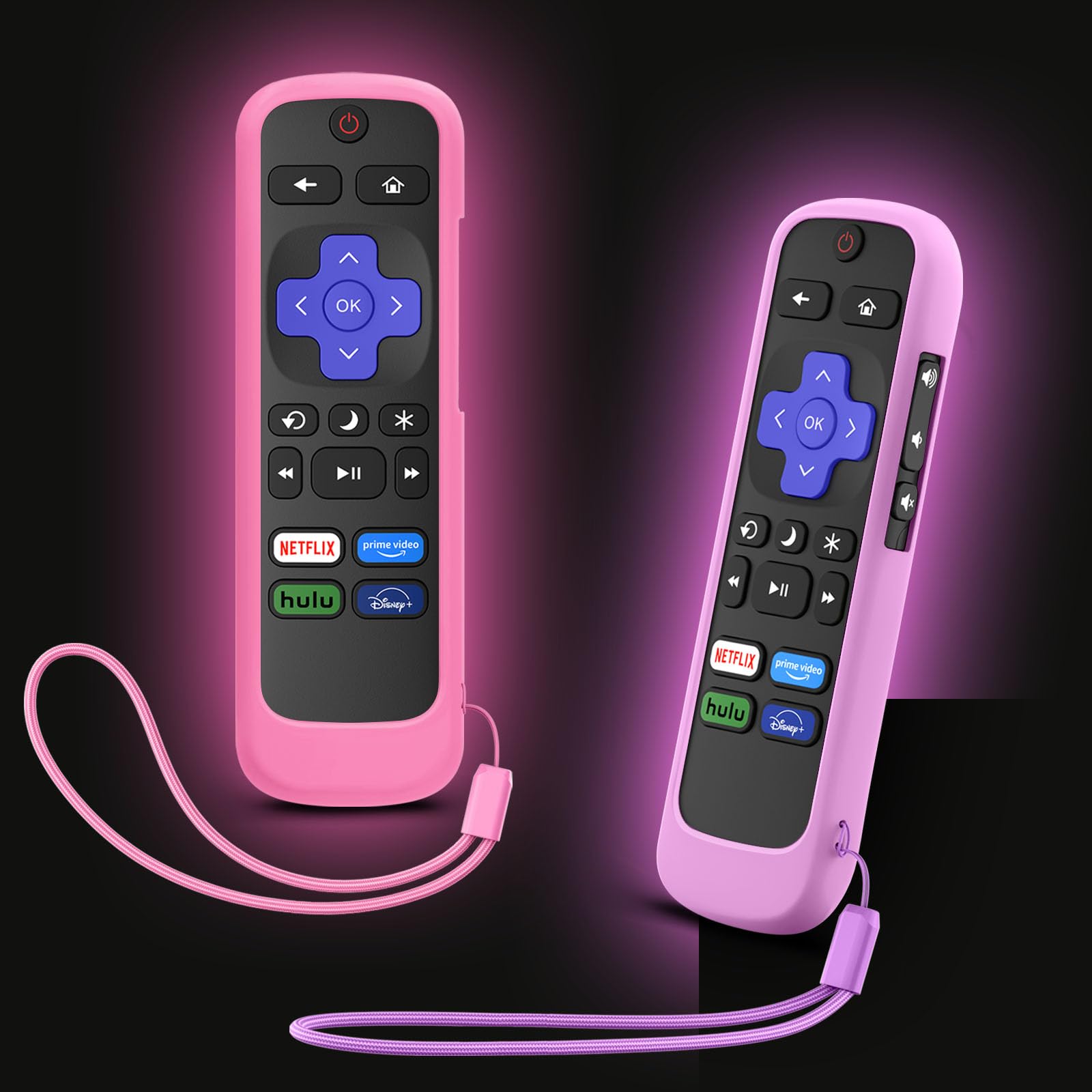2 Pack Remote Cover for Hisense TCL Roku TV, Universal Silicone Replacement Remote Case Compatible with Roku Voice Remote, Glow in The Dark (Pink+Purple) - 1