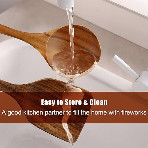 Miniatura 5 de FJNATINH Cucharas de madera para cocinar, juego de utensilios de cocina de madera de teca con soporte, juego de utensilios de cocina de madera para
