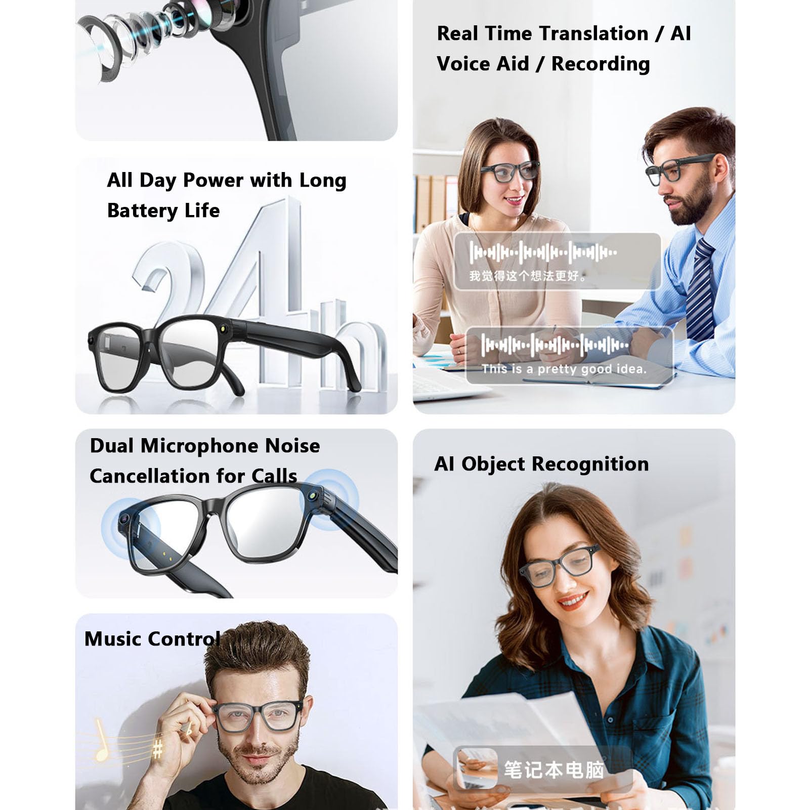Asixxsix Inteligentne okulary AI, okulary tłumaczące 1200P z aparatem 32 MP, podwójnym mikrofonem z redukcją szumów, inteligentne chroniące przed niebieskim światłem