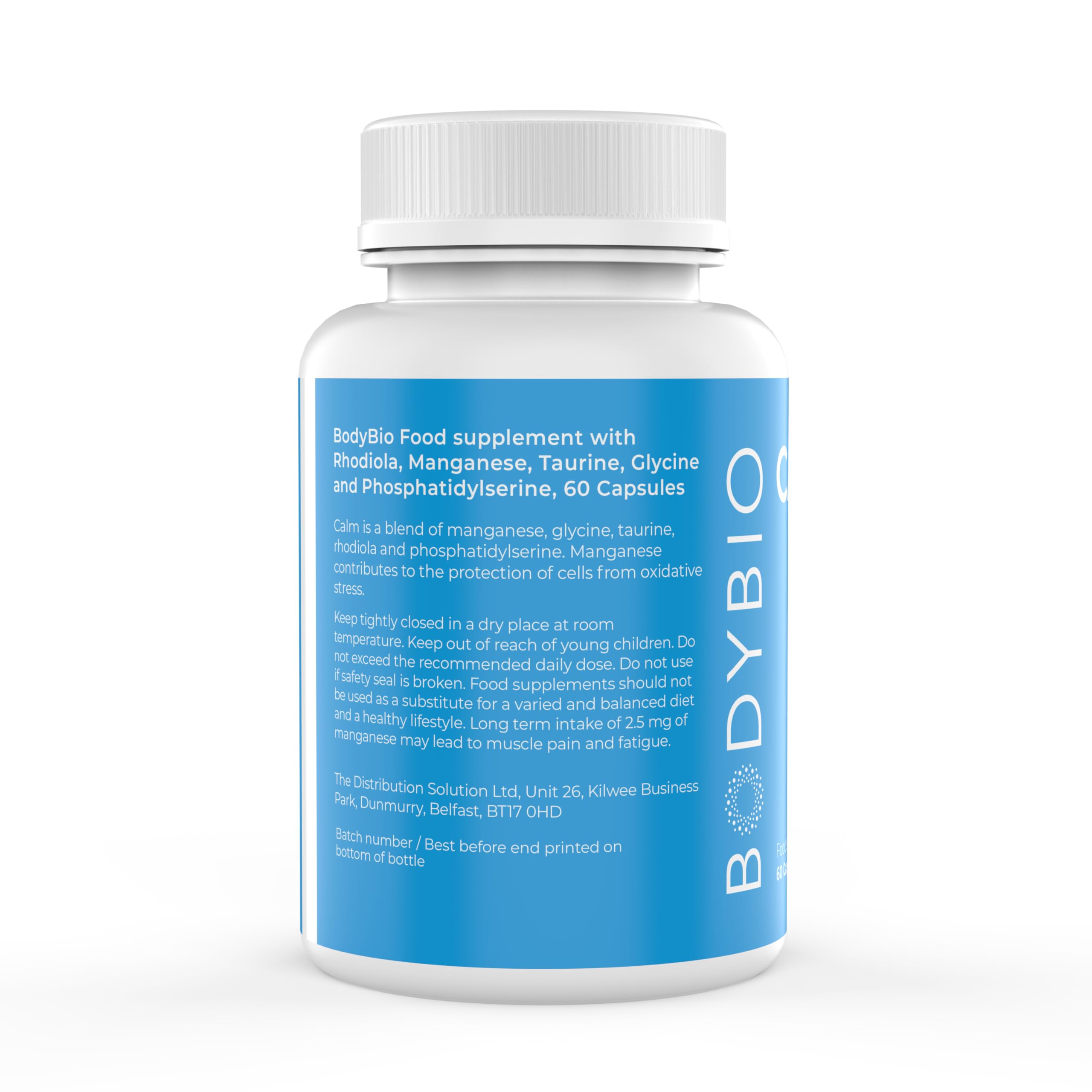 BodyBio Calm - Rhodiola Rosea, Glycine & Phosphatidylsérine - Gestion du Stress Sans Somnolence - Relaxation & Concentration - Formule Naturelle Végane & Sans Gluten - 60 Gélules