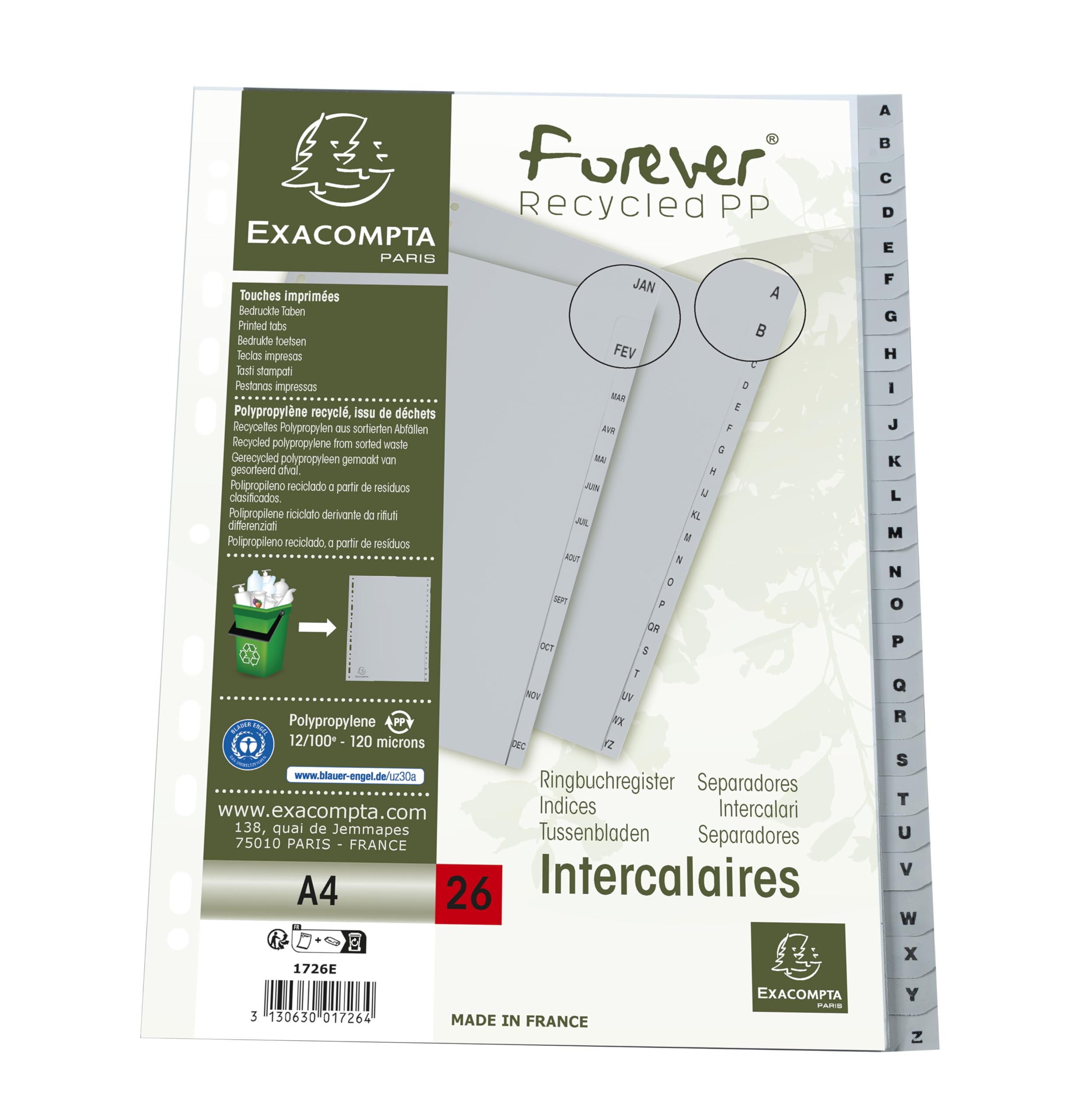 Exacompta - Rif. 1726E - Cartone da 20 divisori in polipropilene riciclato grigio con 26 linguette stampate alfabetiche dalla A alla Z, formato A4, dimensioni: 22,5 x 29,7 cm, certificato angelo blu