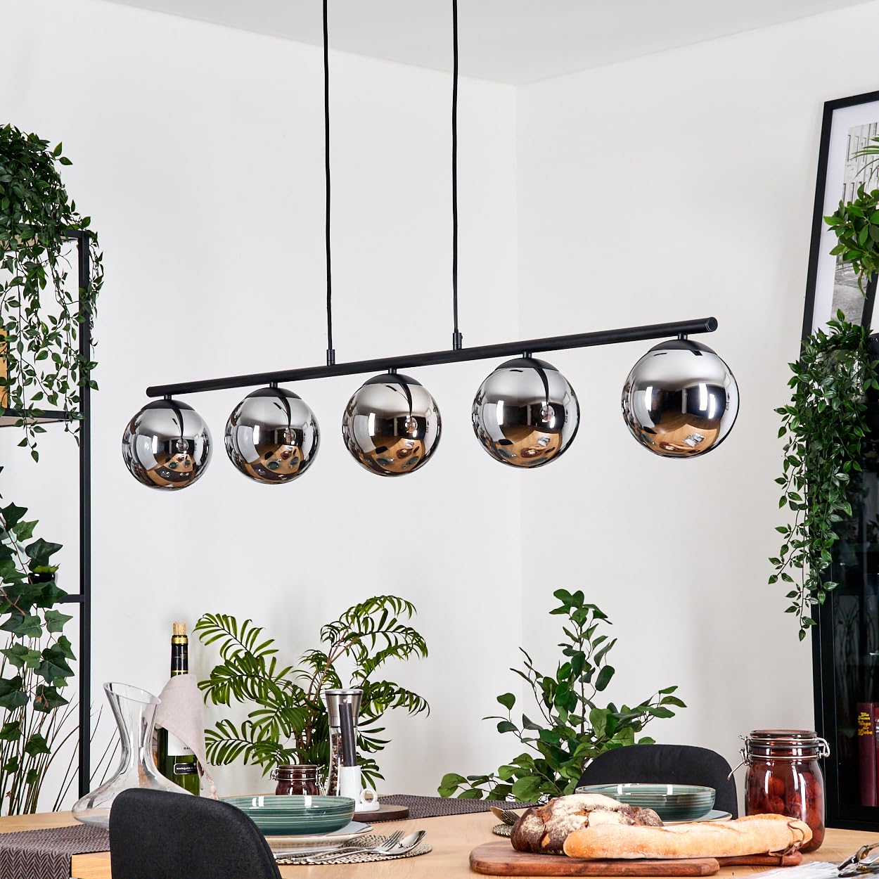 HOFSTEIN Pendelleuchte Gastor, 5-flammige Hängelampe aus Metall/Glas in Schwarz/Chrom/Rauch, moderne Hängeleuchte im Retro/Vintage-Design (Schirme Ø 15 cm), E14, Esszimmer, Küche, Wohnzimmer