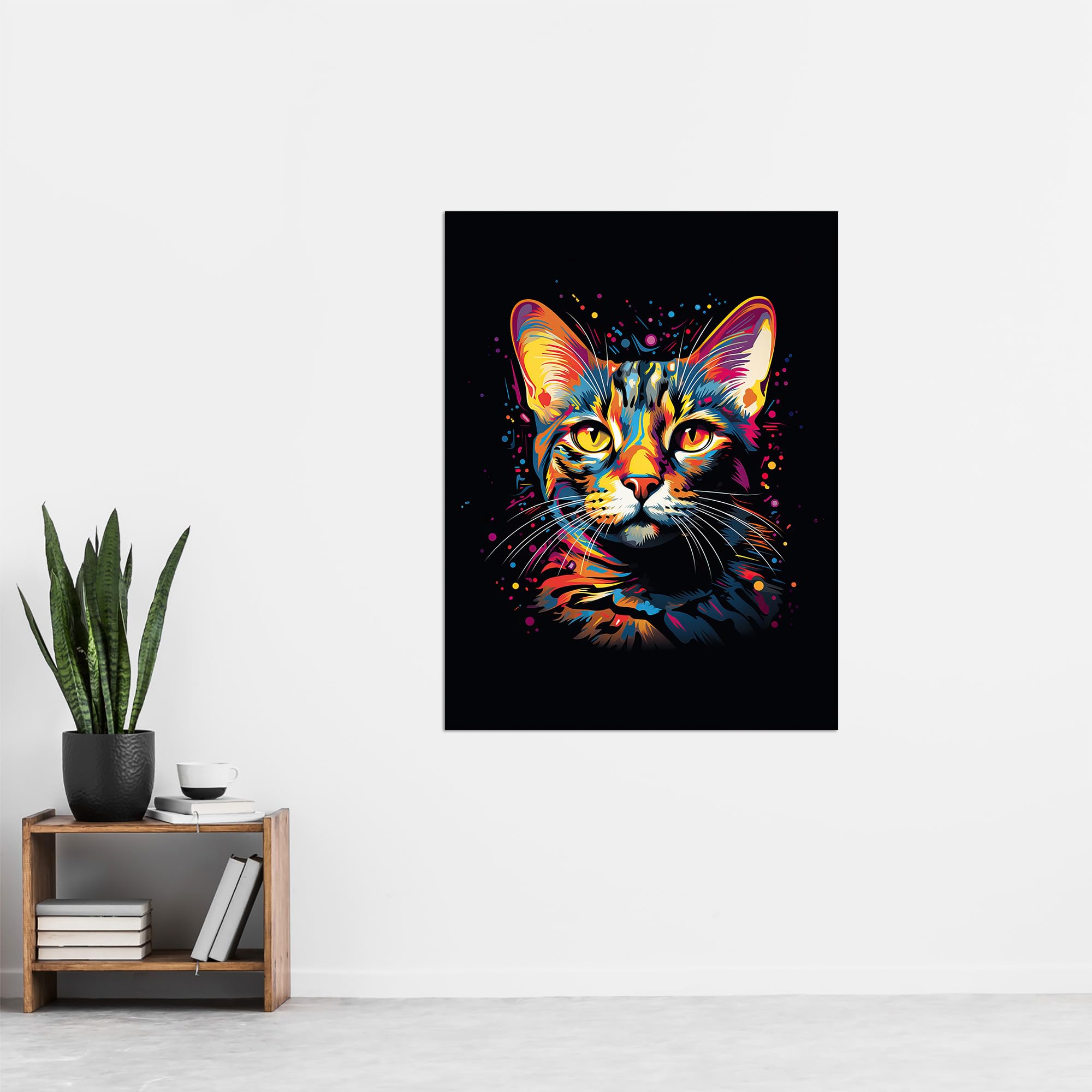 Artery8 Bengal Cat Lover Gift Pet Portrait Orange Purple Blue on Black Artwork Painting Extra Large XL Wall Art Poster Print - Image 4