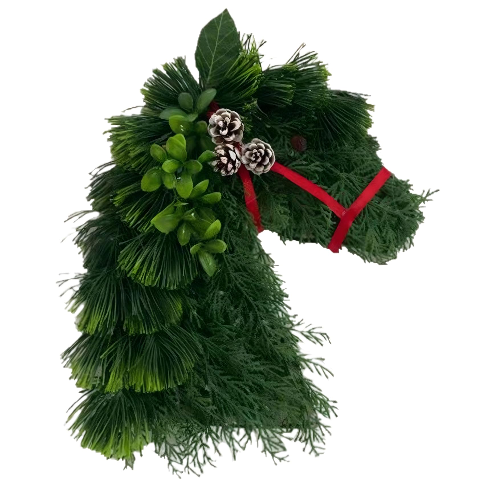Hbbgdiy Horse Head Christmas Wreath 15.75 Inch Artificial Green Wreath with Red Ribbon and Pinecone Holiday for Front Door Wall Window Porch Christmas Decorations