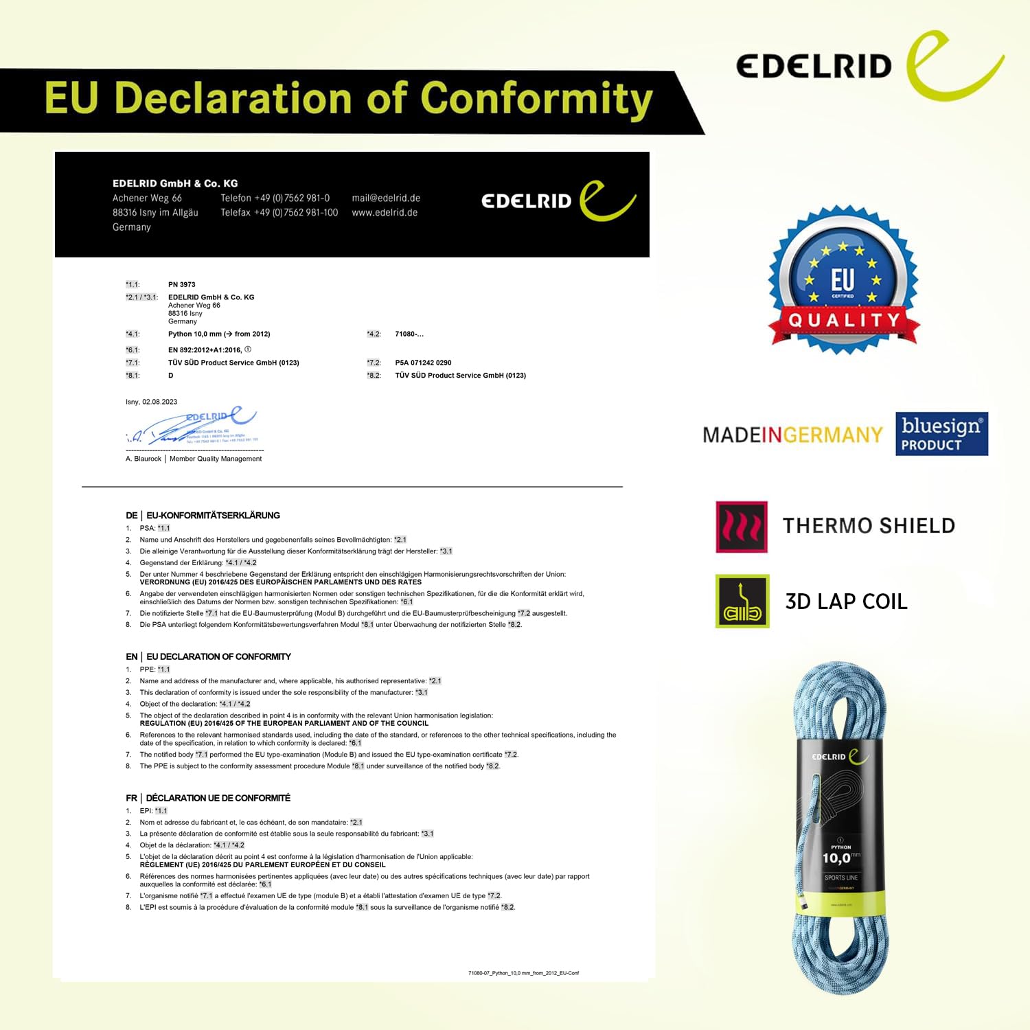 EDELRID Corda da Arrampicata Python 10.0, Blue, 50m