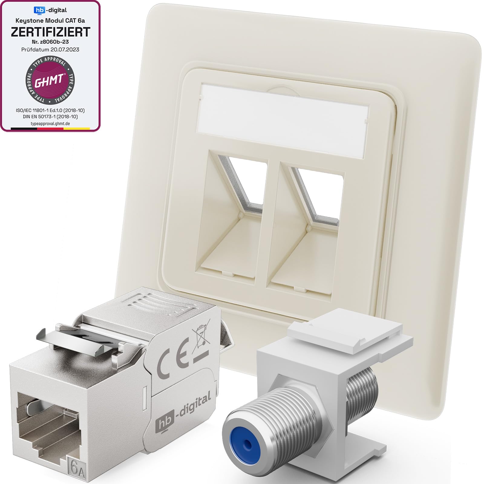 hb-digital Juego de 10 cajas de conexiones RAL 9010 con módulo Keystone Cat. 6a y conector F niquelado para panel de conexión, conector de red, conector Keystone, color blanco