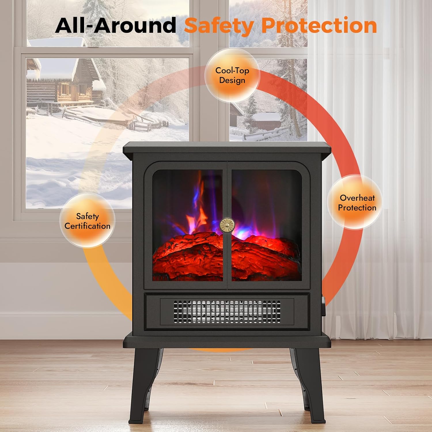 Baseboard Heater with Fireplace - 1500W Electric Fireplace Heater with Realistic 3D Flame Effect, Adjustable Thermostat Space Heater for Large Room, Office&Bedroom, Tip-Over&Overheat Protection