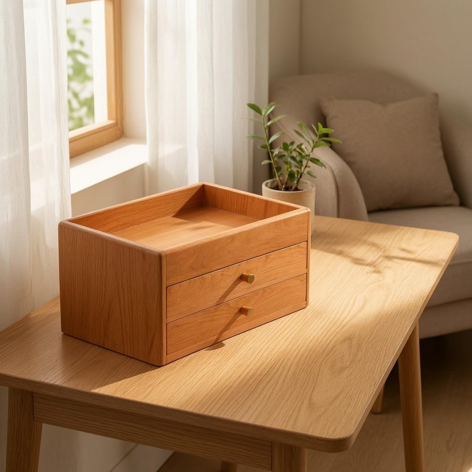 Cassettiera da Scrivania in Legno di Ciliegio Pratico Cassettiera con Due Cassetti e Scomparto Aperto Resistente Contenitore per Ufficio