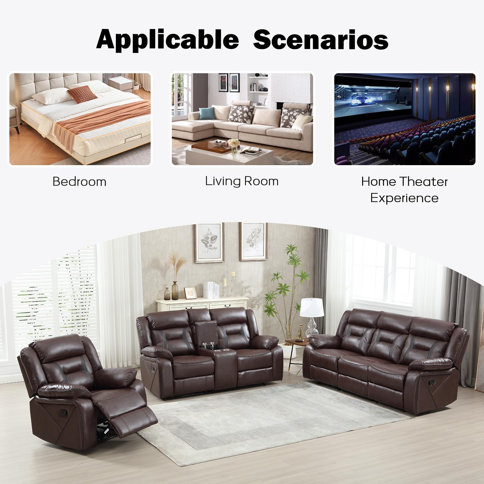 EBELLO Faux Leather Recliner Sofa Furniture Set for Living Room, Recliner Chair, Manual Loveseat, 3 Seat Recliniing Sofa Couch Set for Meeting Room, Dark Brown view 6