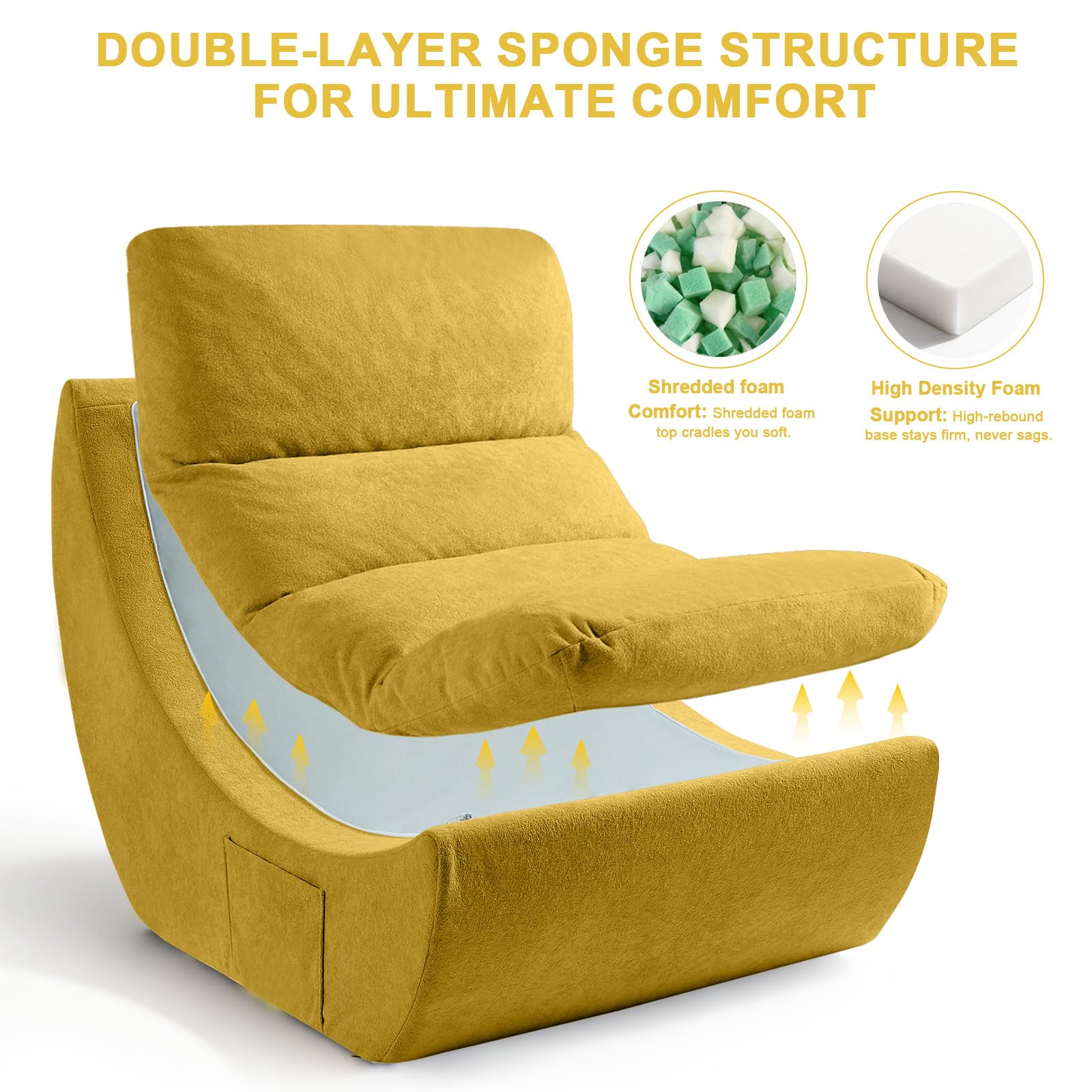 Poltrona Pouf con Cuscino in Memory Foam, Bean Bag per Adulti,Divano da letto Boneless,Sedia da Lettura e Relax per Camera da Letto e Soggiorno, Giallo