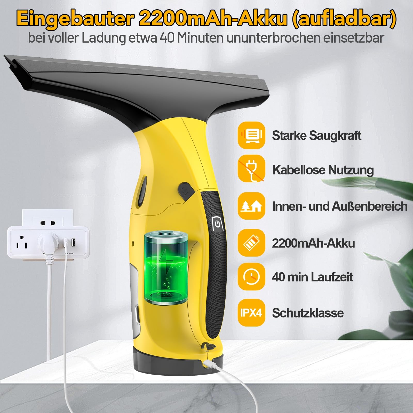 Fenstersauger wiederaufladbarer Fensterabzieher streifenfrei 28 cm 17 cm kabelloses Fensterreinigungsset
