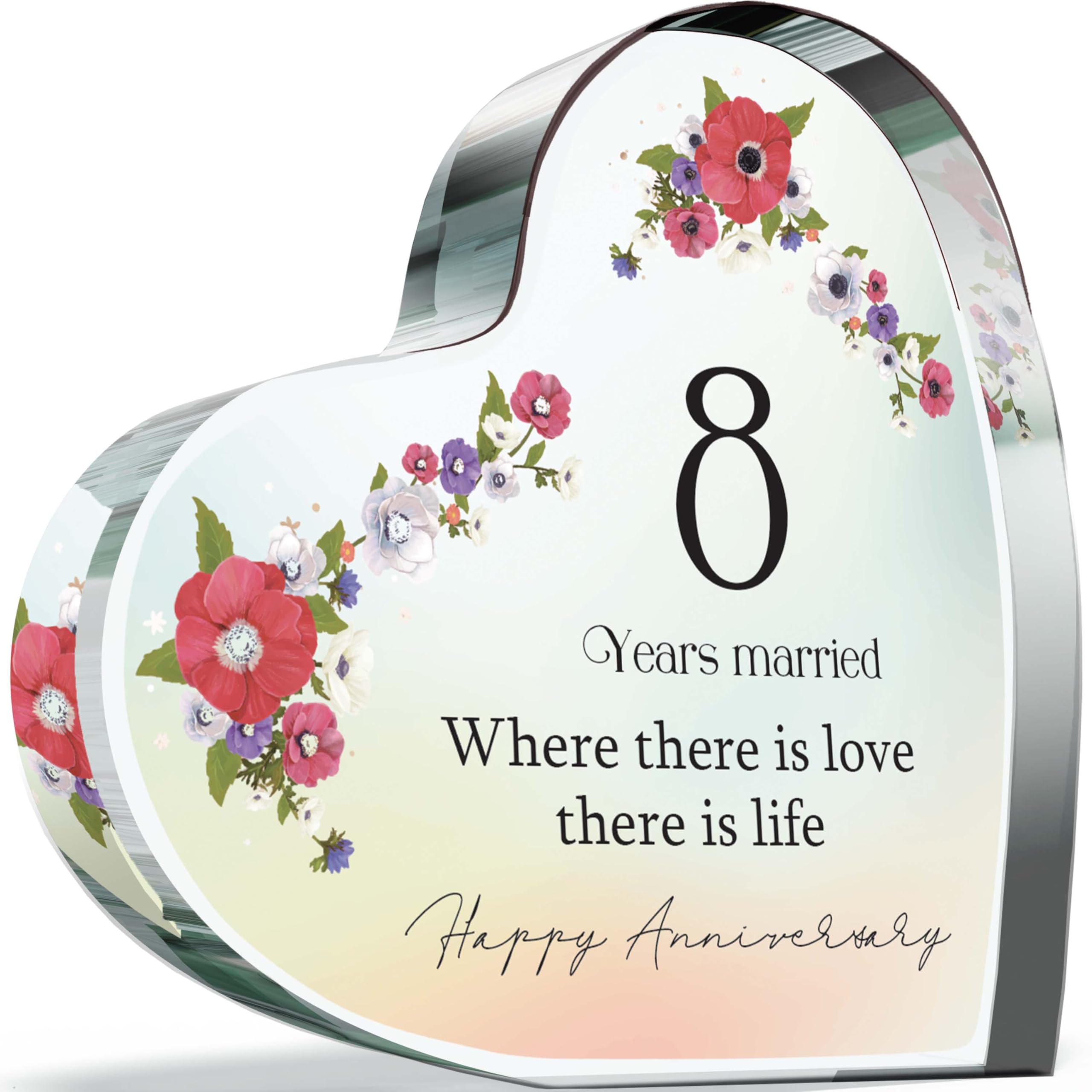 8th Anniversary Plaque Gifts for Wife Husband - 8 Years Married - I Love You Romantic Acrylic Heart Gift For Women Men, 100mm Elegant Floral Pastel Present For Couples Eighth Anniversaries