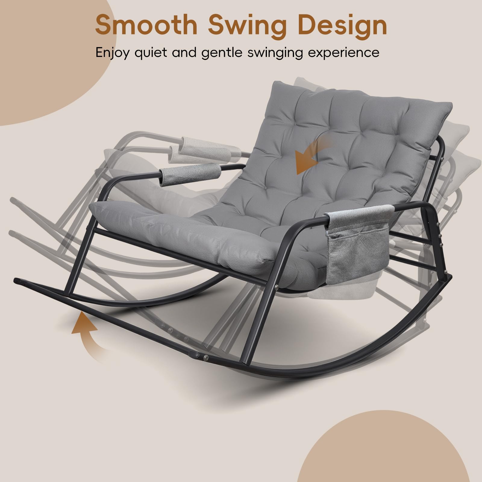 Schaukelstuhl für drinnen, draußen ergonomischer Schaukelsessel, Wohnzimmer Relaxstuhl mit gepolsterter, bis 300kg belastbar für Garten, Schlafzimmer, Wohnzimmer, Ecke, Veranda (Grau)